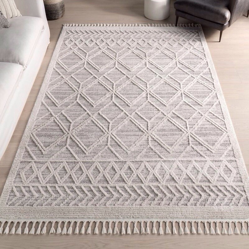 3×5 Ansley Moroccan Tassel Area Rug, Grey, High-Low Textured Bohemian Design,