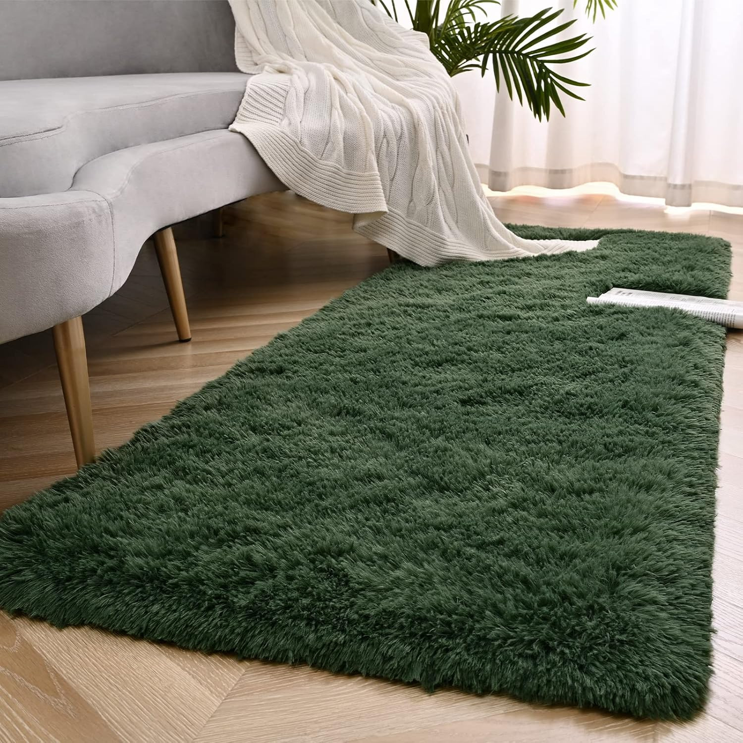 Deep Green Runner Area Rugs for Bedroom Living Room, 2X6 Feet Fluffy Bedside Rug