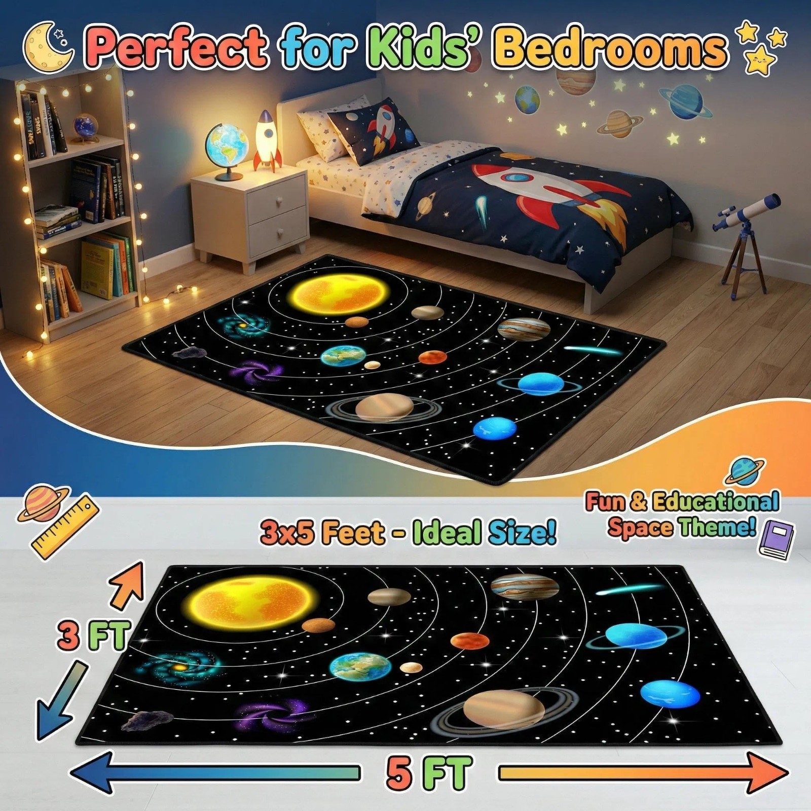 Solar System Space Rug 3’×5′ for Kids Room – Educational Planet Carpet for Playr