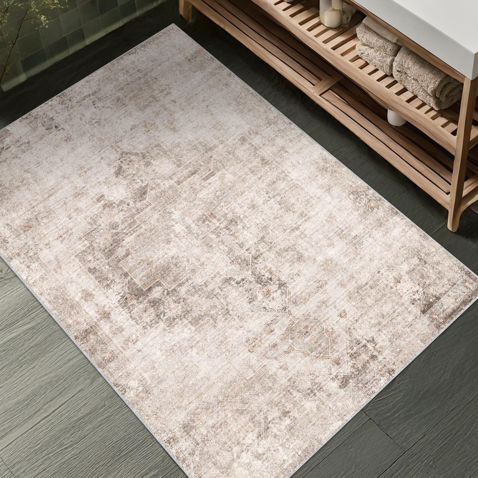 Beige Brown 2×3 Washable Non Slip Bathroom Rug for Entryway Indoor, Low Pile …