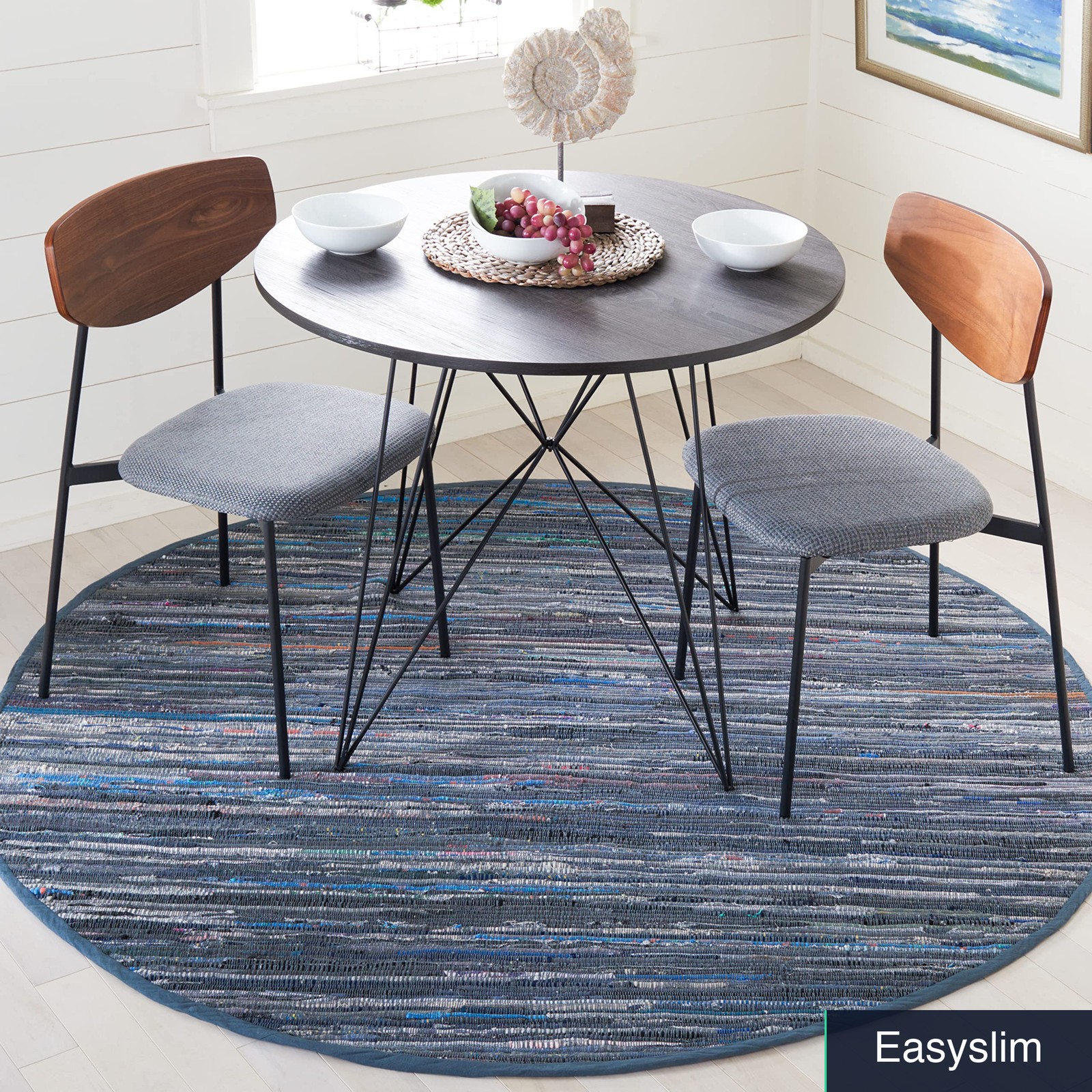 Round Cotton Area Rug Four Foot Handwoven Boho Stripe Ink Multi