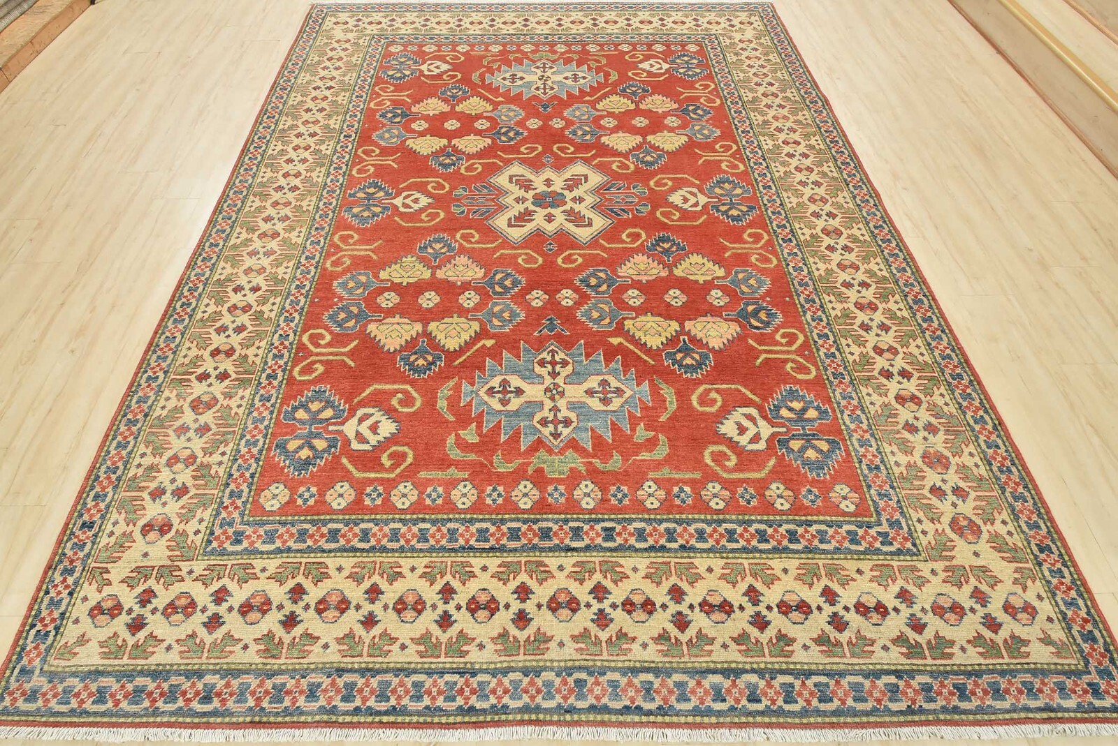 Geometric Kazak Carpet 8′ x 10’11” Red Wool Tribal Hand-Knotted Oriental Rug