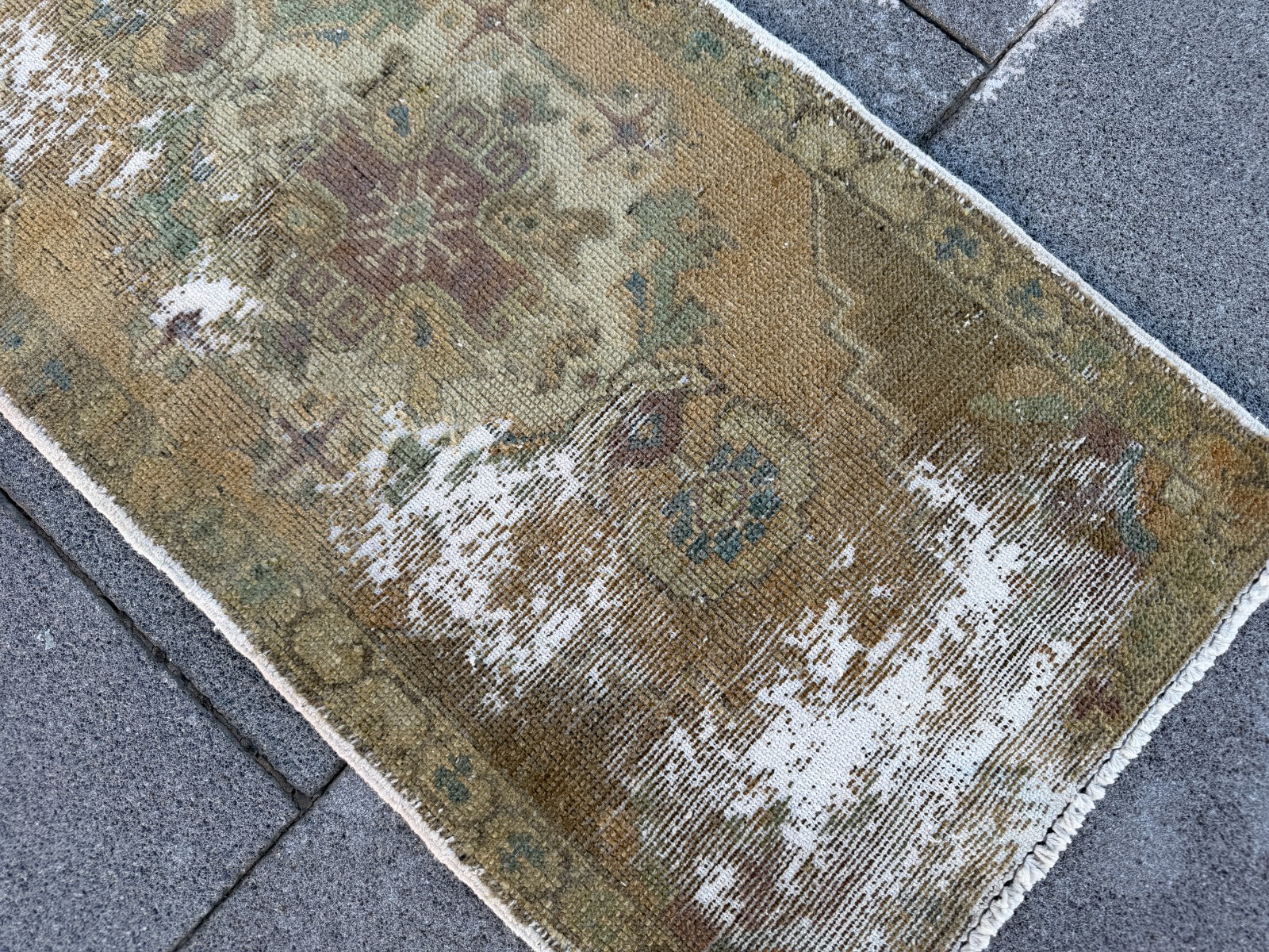 Vintage Turkish Rug 1.6×3.1 ft Olive Green Distressed Anatolian Accent Rug Wool