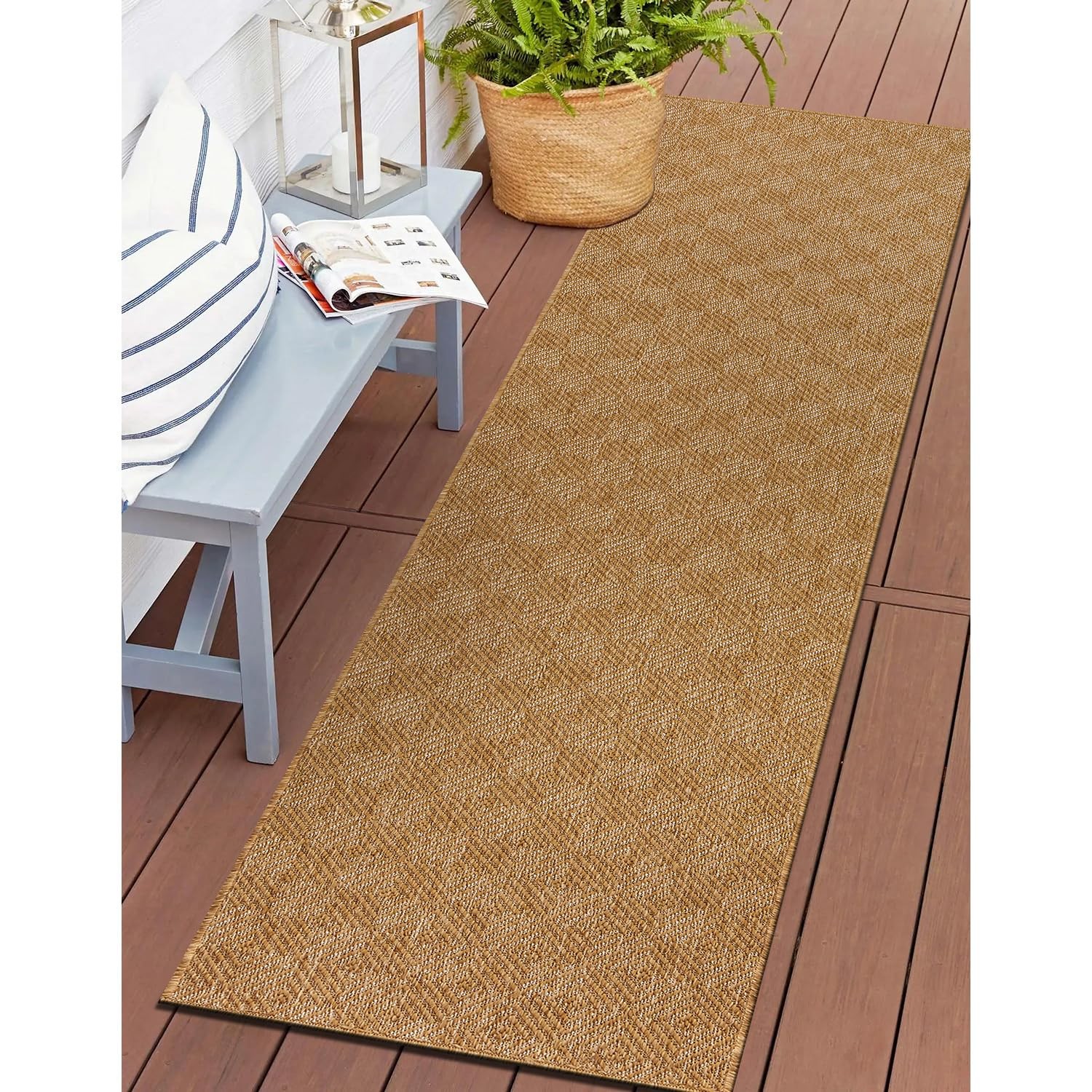 Natural Easy Jute Reversible Indoor Outdoor Runner Rug – Cube Geometric Patte…