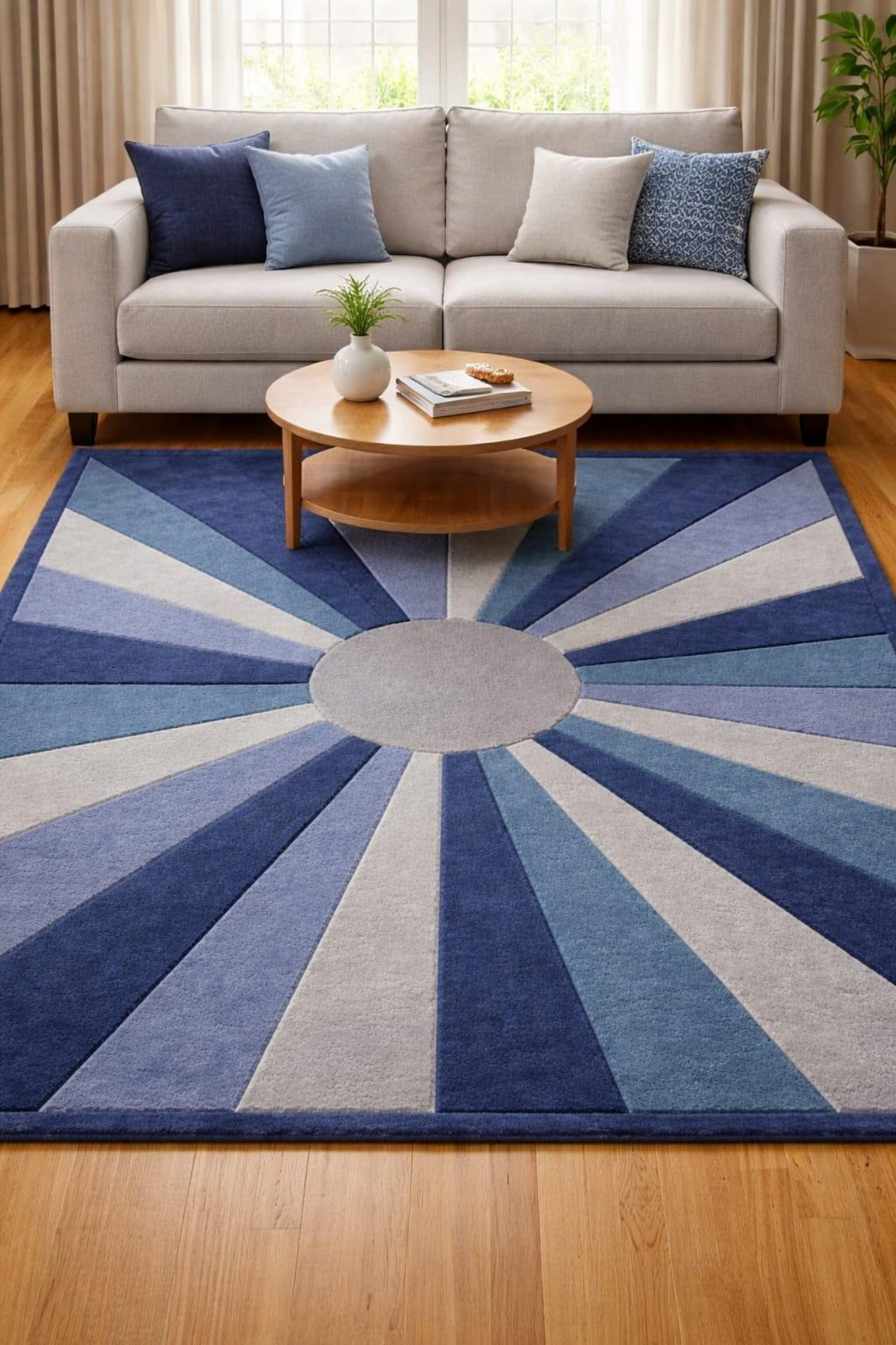 Hand Tufted Wool Blue Sunburst Area Rug Modern Geometric Living Room Carpet Rug