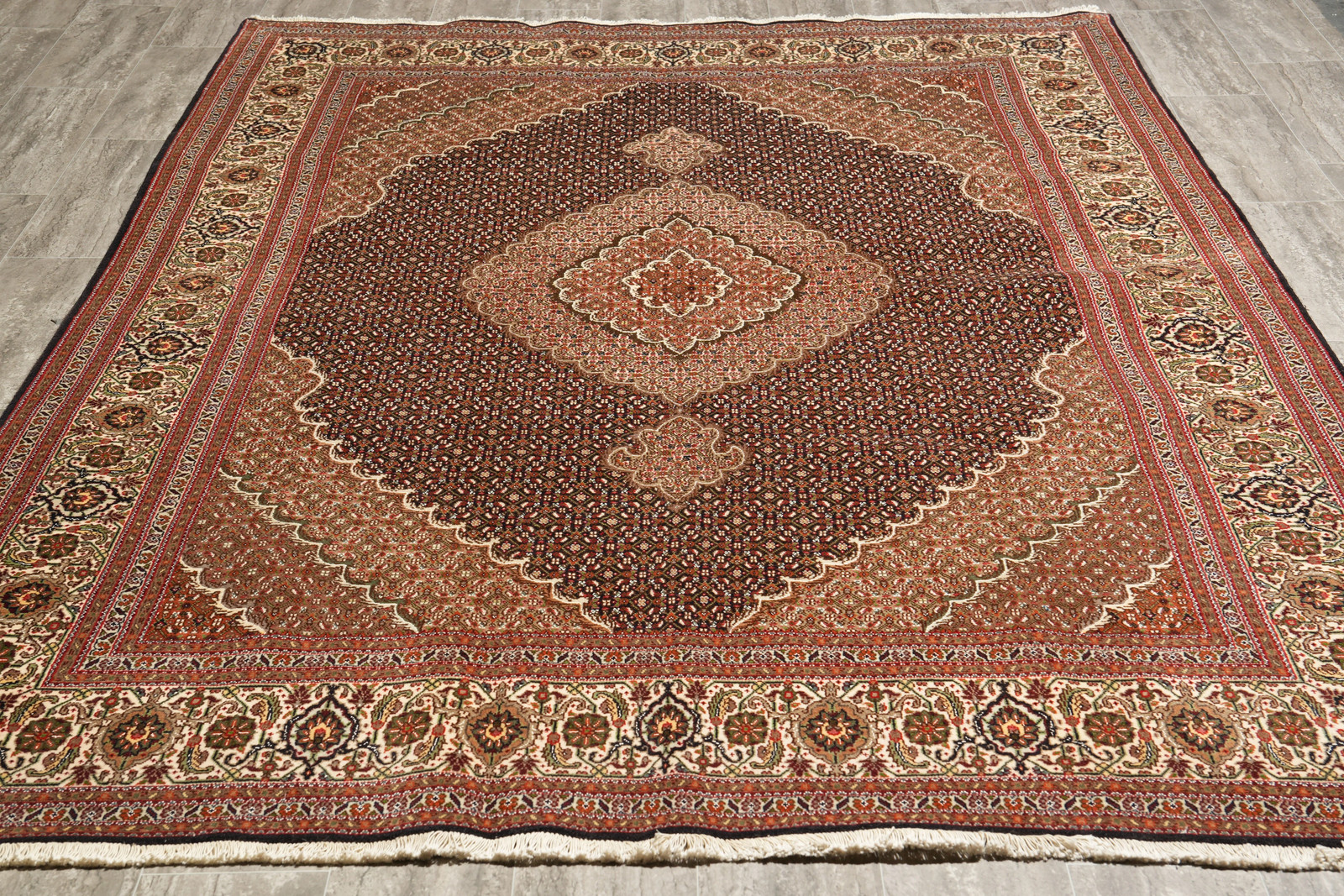 6.7 x 10 Black Perrsian Mahii Tabriiz Wool and Silk Rug #F-4220