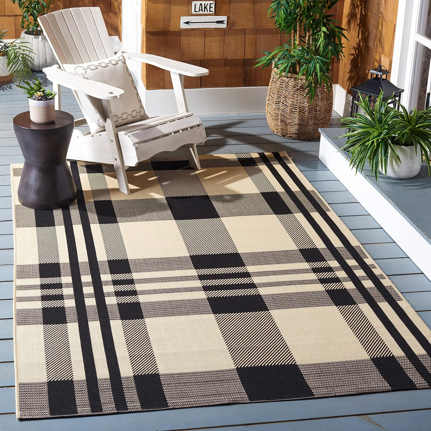 Washable Outdoor Rug – 5’3″ x 7’7″, Black & Bone Plaid, Easy Clean, Non-Shedding