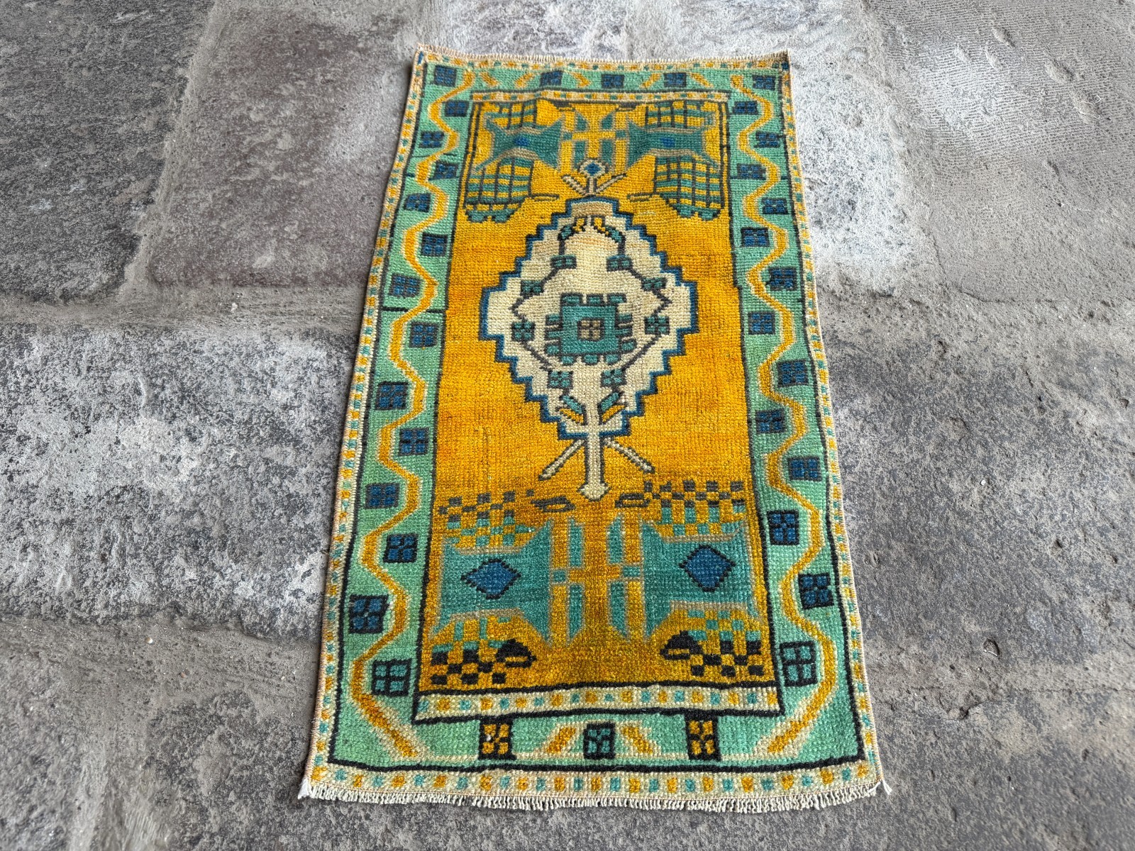 Vintage Turkish Rug 1.5×2.7 ft Golden Yellow Mint Green Small Boho Rug