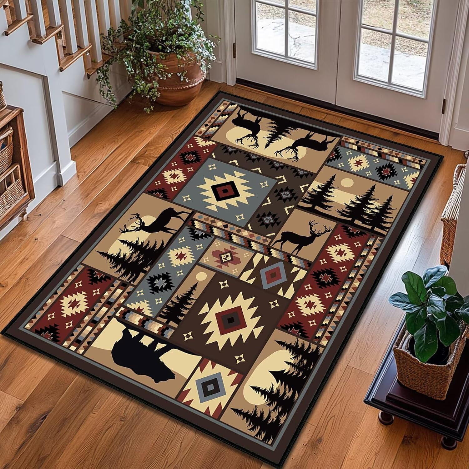 Rustic 3×5 Area Rug – Buffalo Plaid Bear & Moose Design, Non-Slip Washable Carpe