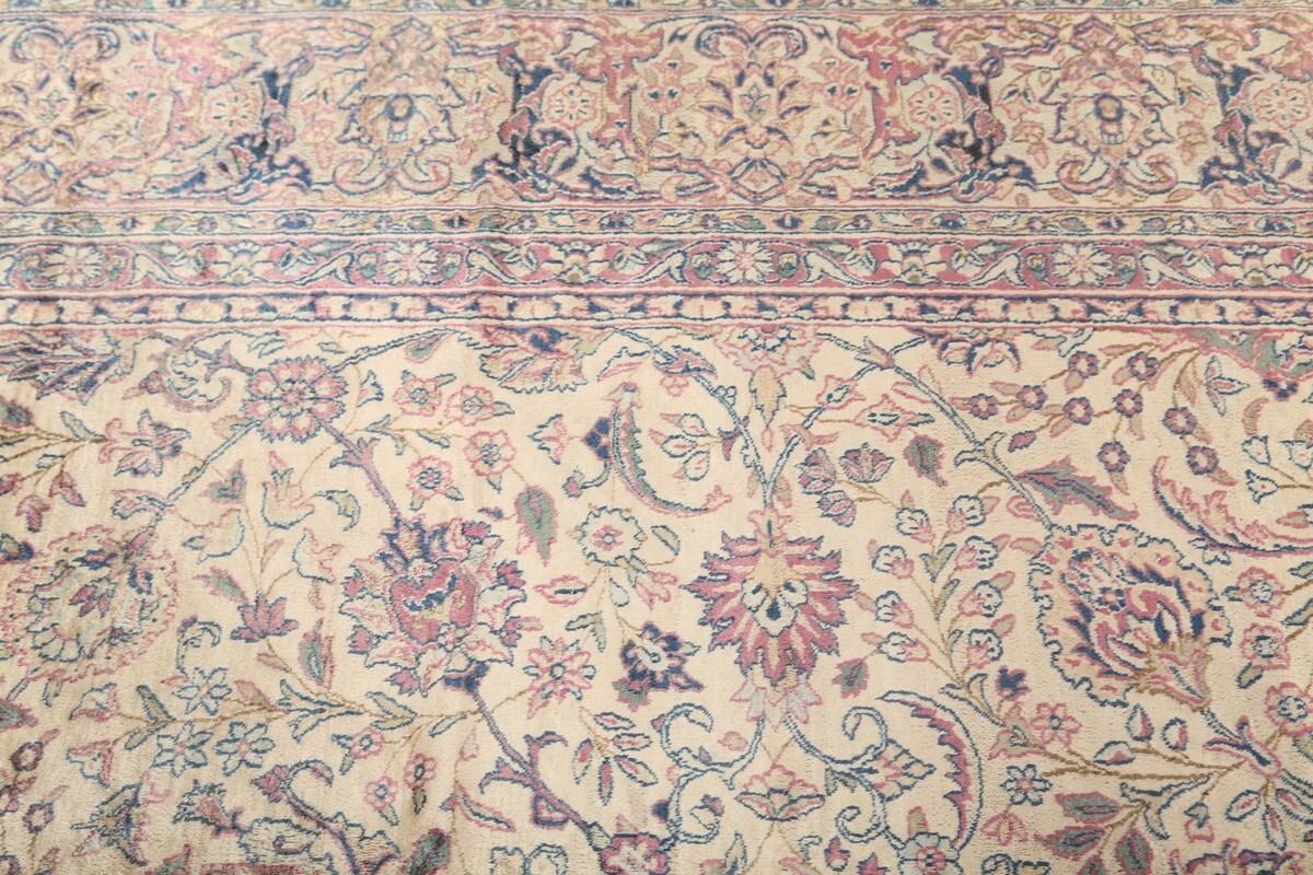 Antique Floral Kirman Ivory Wool Handmade Palace Size Rug Area Carpet 12×16