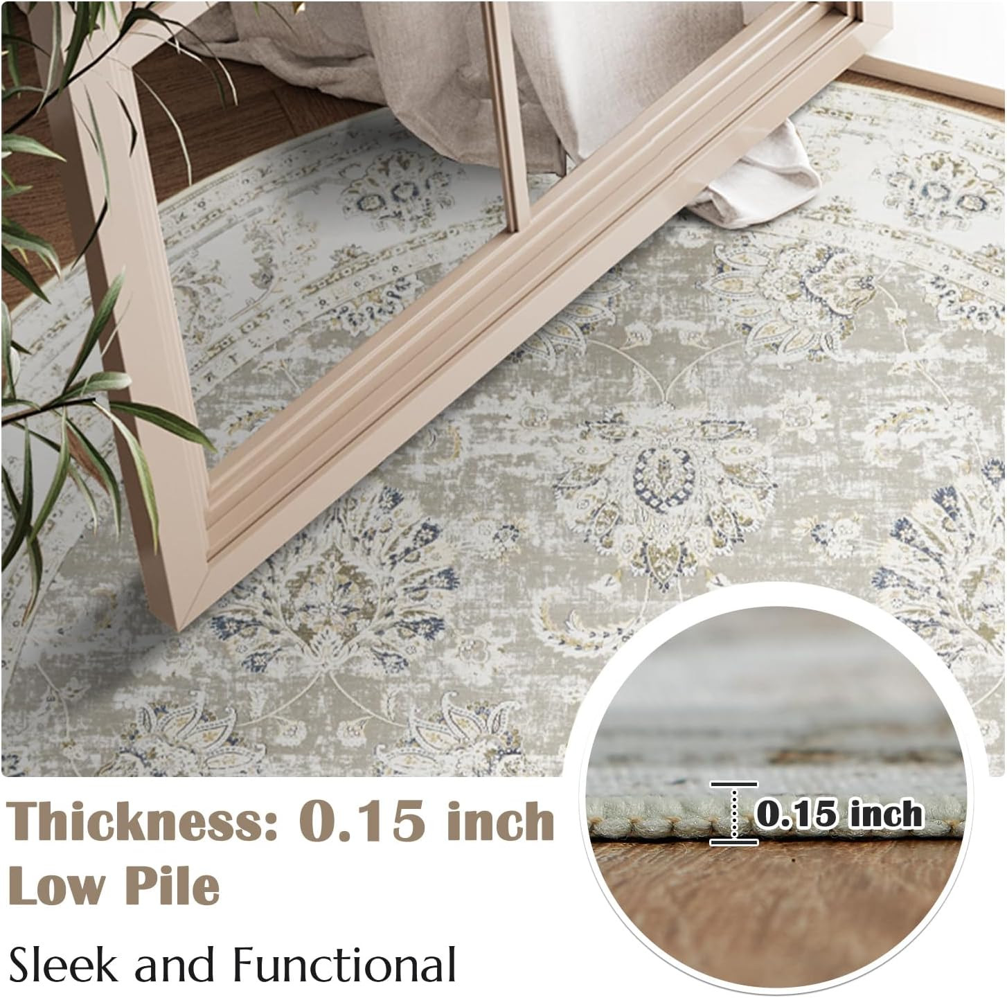 8Ft Round Vintage Floral Rug – Washable Non-Slip Low-Pile Taupe Circle Rug