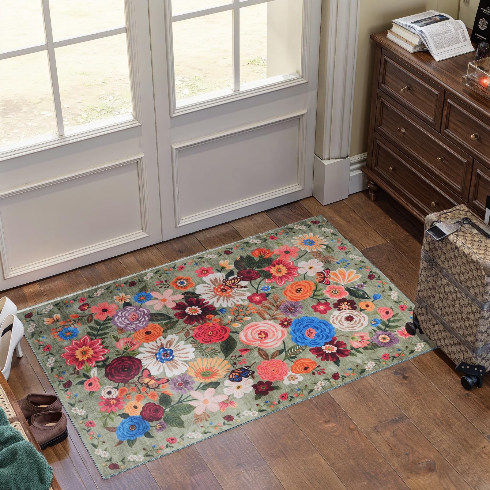 Floral Rug for Entryway, Green 2X3 Washable Kitchen Mat Ultra-Thin Soft, Non-…