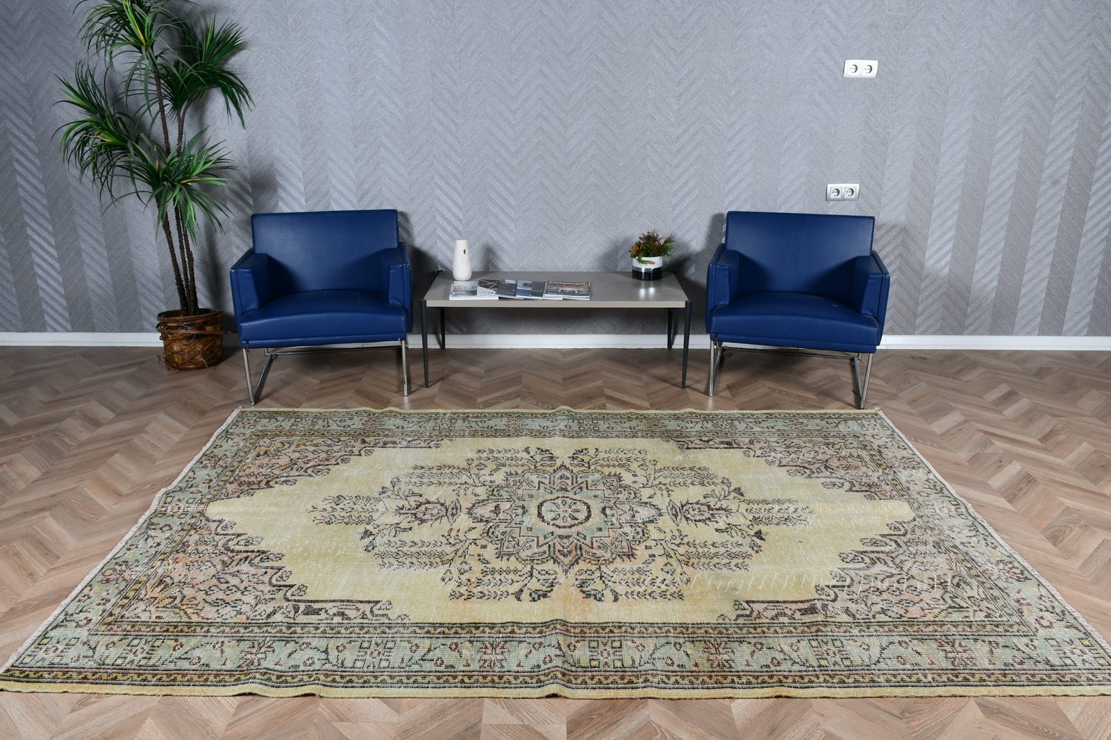 Turkish Rug, 5,9×9 ft Large Rug, Yellow Ikat Wool Vintage Rug