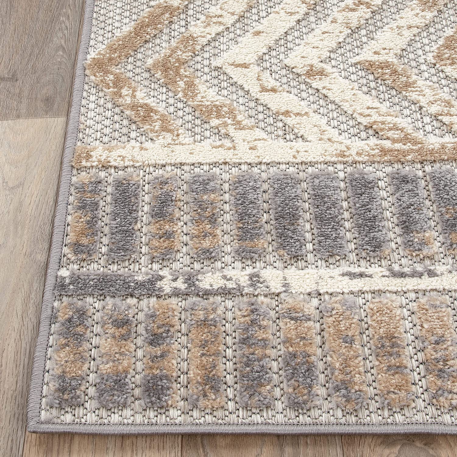 Distressed Geometric Indoor/Outdoor Beige Area Rug Modern Tribal Stripe, Dura…