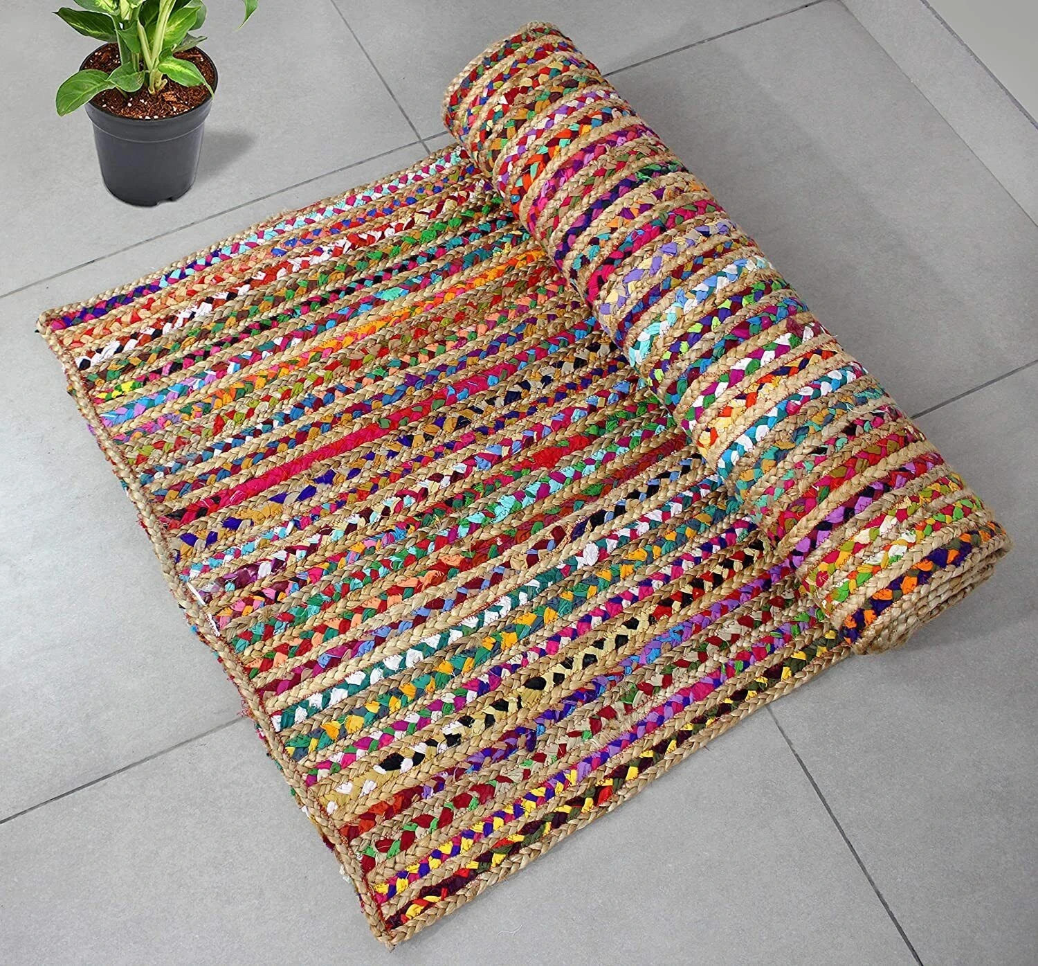 Handmade Jute Chindi Rug Reversible Multicolour Home Decor Bohemian Runner Mat
