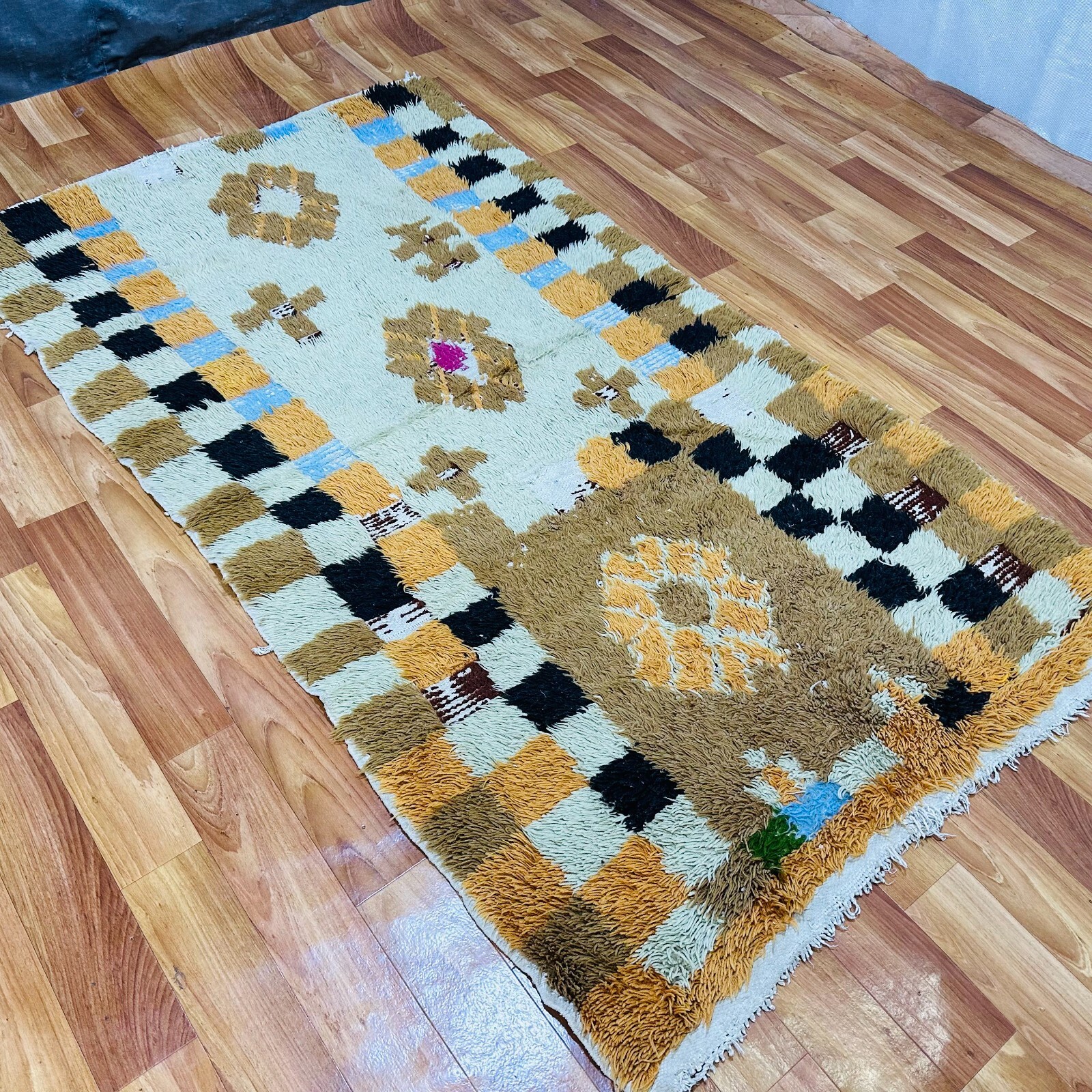 Vintage Moroccan Berber Rug Wool Shag Geometric Checkered Border Cream Orange