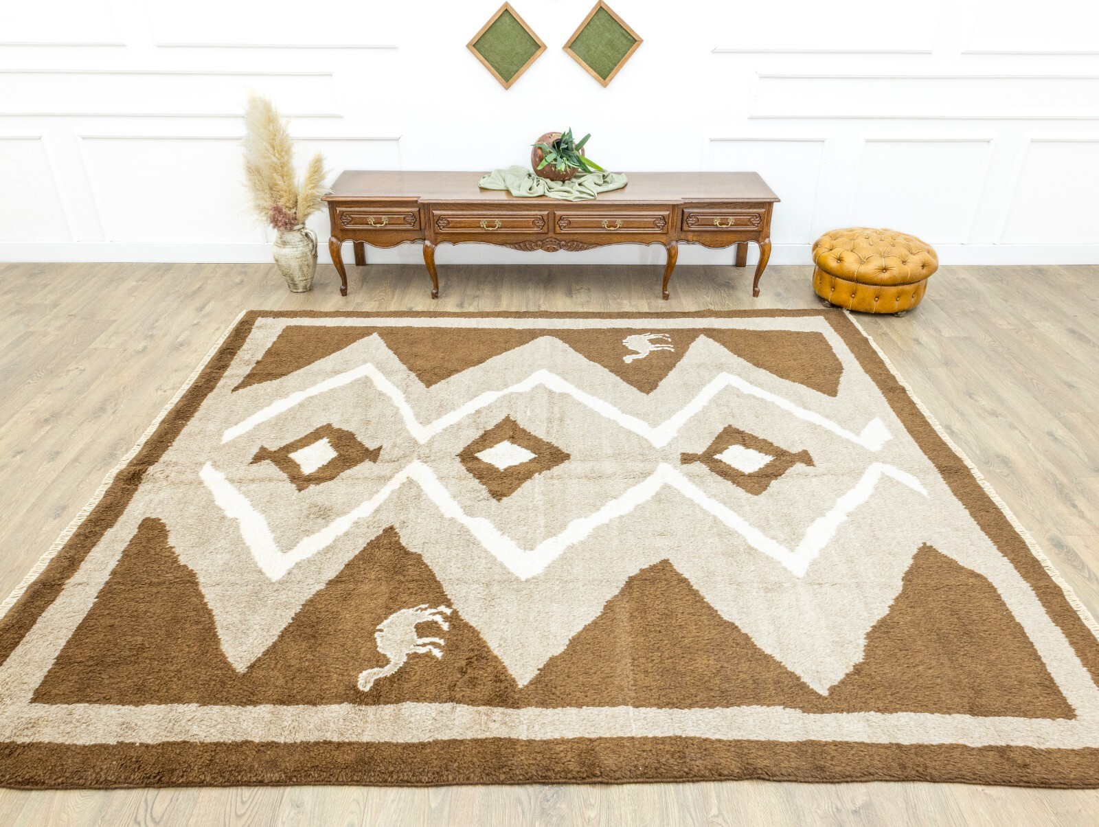 Natural Gray Brown New Turkish Tribal Tulu Rug 8.11×10 ft Moroccan Style Carpet