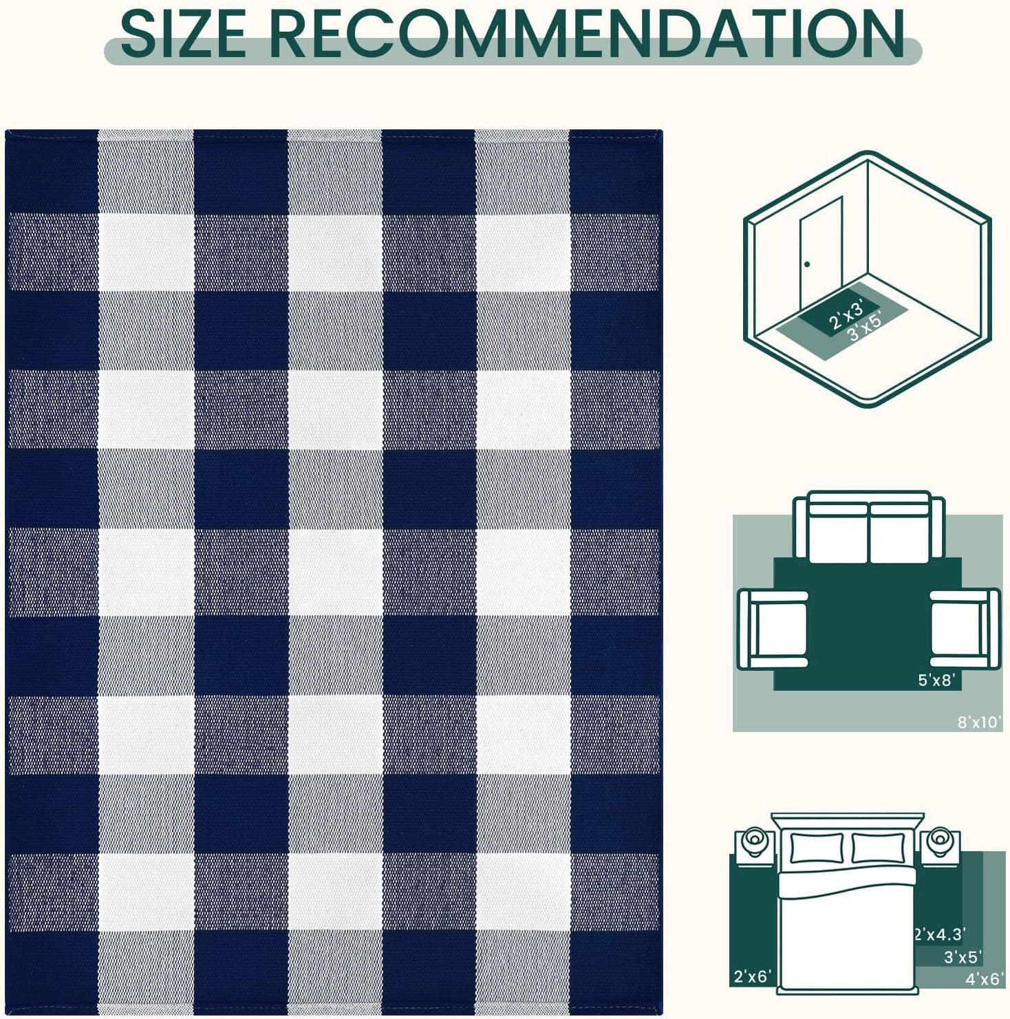 Buffalo Plaid Area Rugs 2.3X3.6 Ft Blue and White Rug Washable Front Door Mat Wo