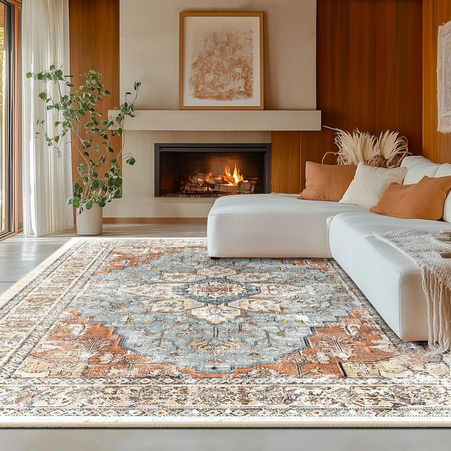8X10 Area Rug Washable Rugs for Living Room, No Pile Boho Carpet for Entryway Be