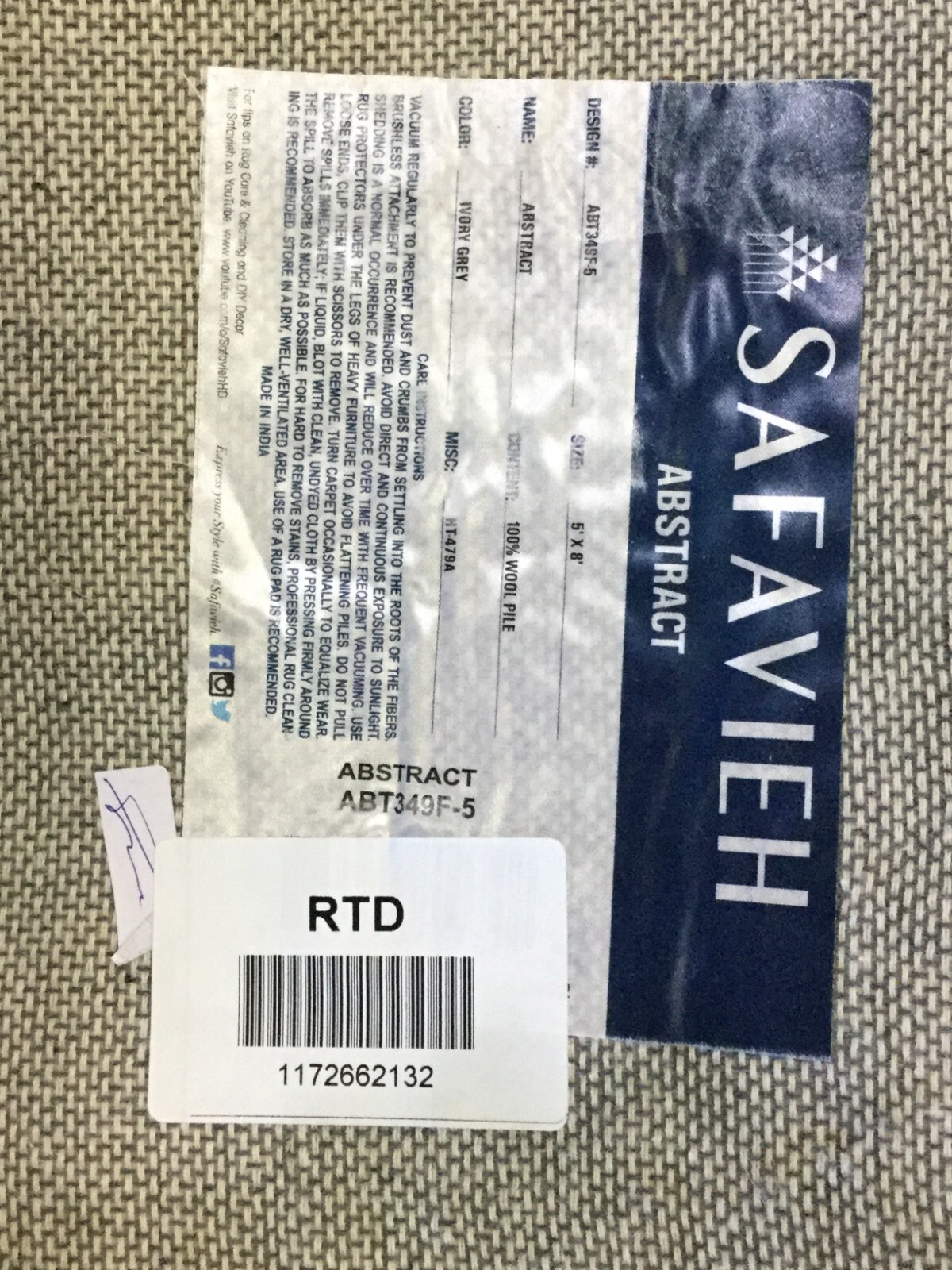 IVORY / GREY 5′ X 8′ Flaw in Rug, Reduced Price 1172662132 ABT349F-5