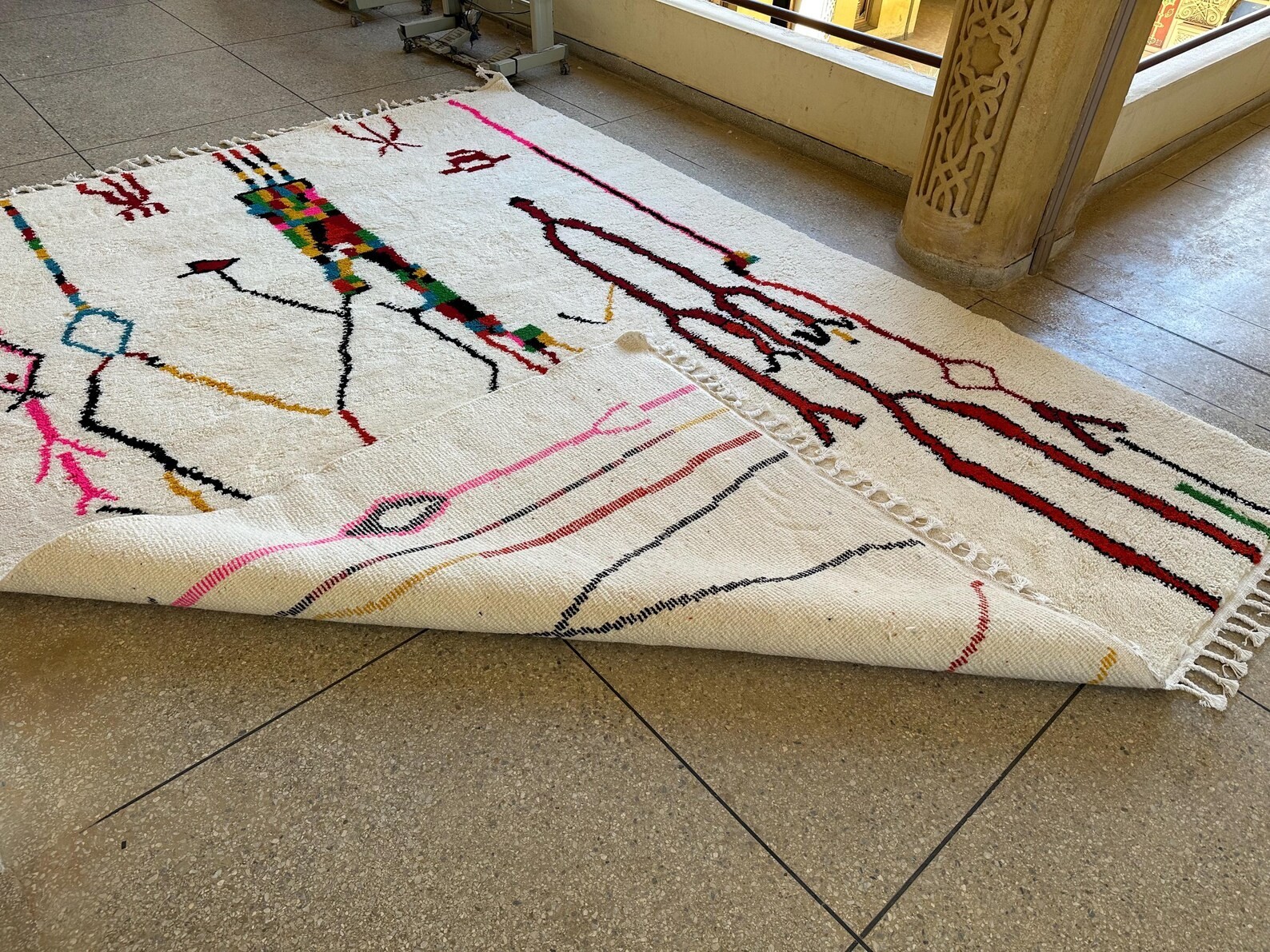 Color White and Pink Hand Knotted Abstract Berber Beni Ourain Moroccan Wool Rug