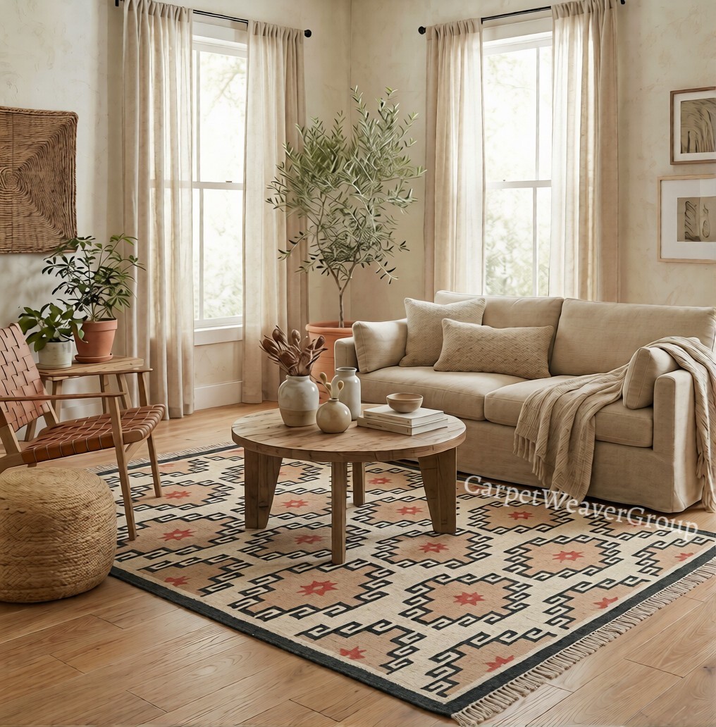 Handmade Wool Jute Kilim Rug, Geometric Flatweave Carpet for Living Room