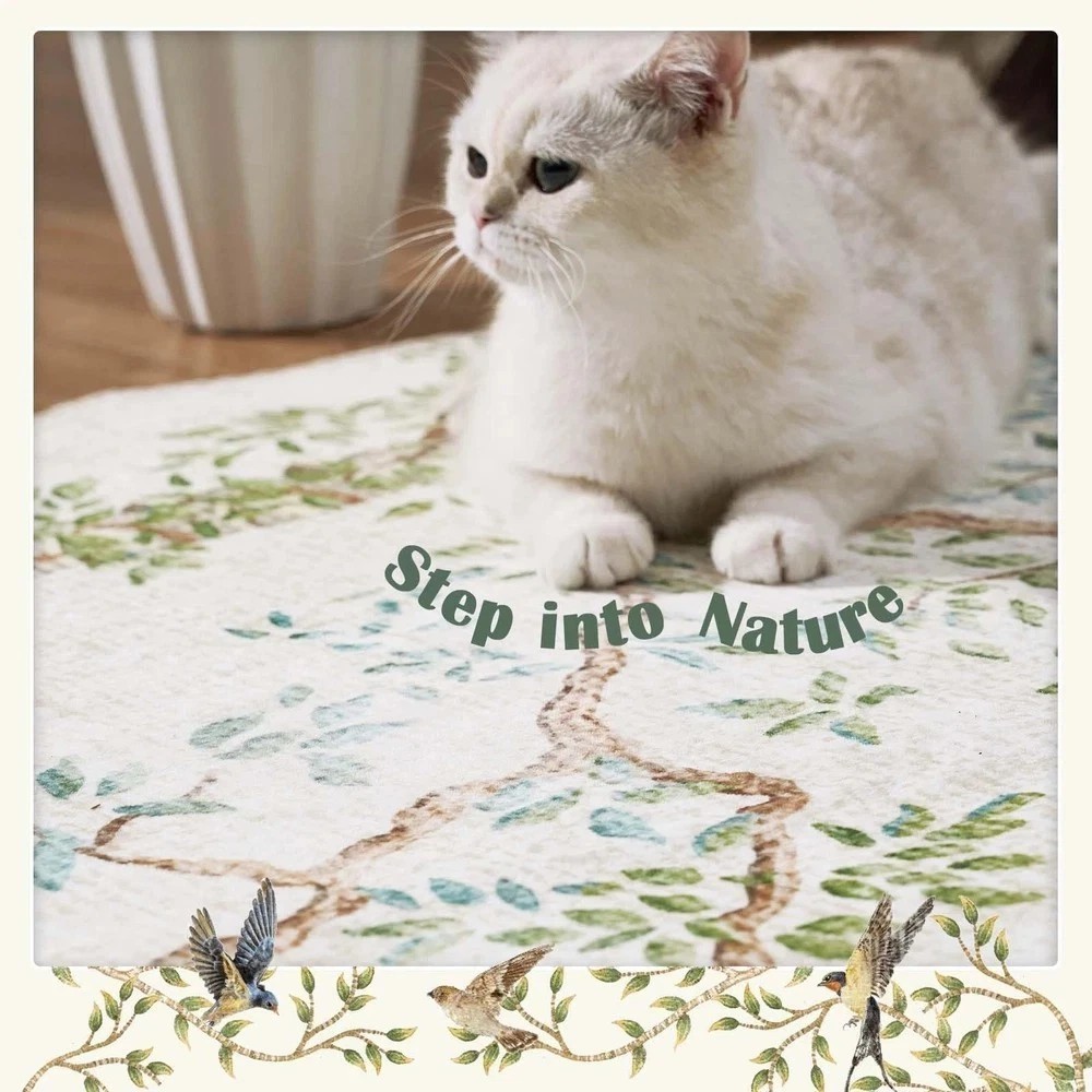 Round Rugs 4ft Ivory Botanical Birds Print Machine Washable 4′ Circle Nature …