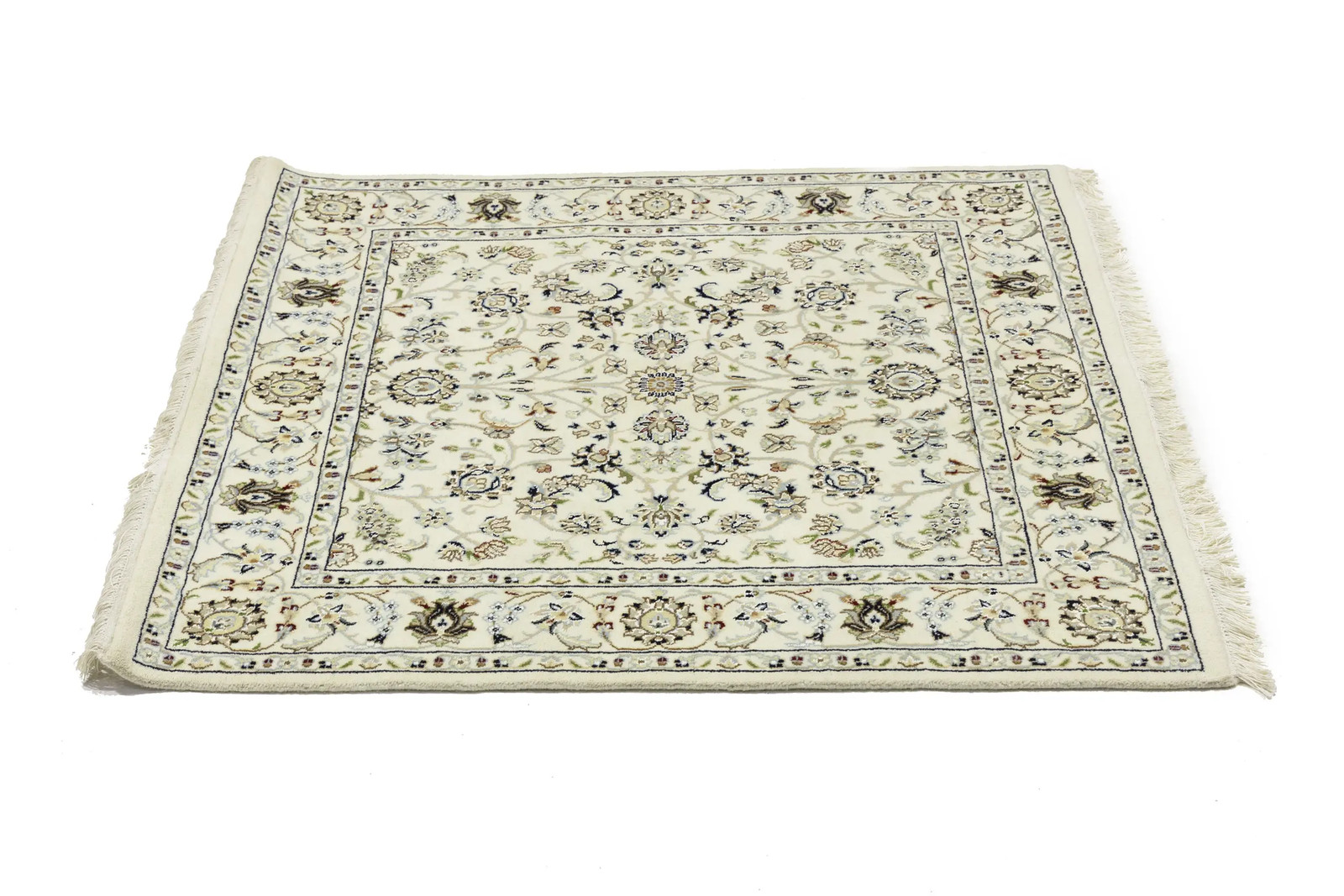 Hand-Knotted Cream Floral Classic Indo-Nain Square Rug Oriental Carpet 4X4 ft