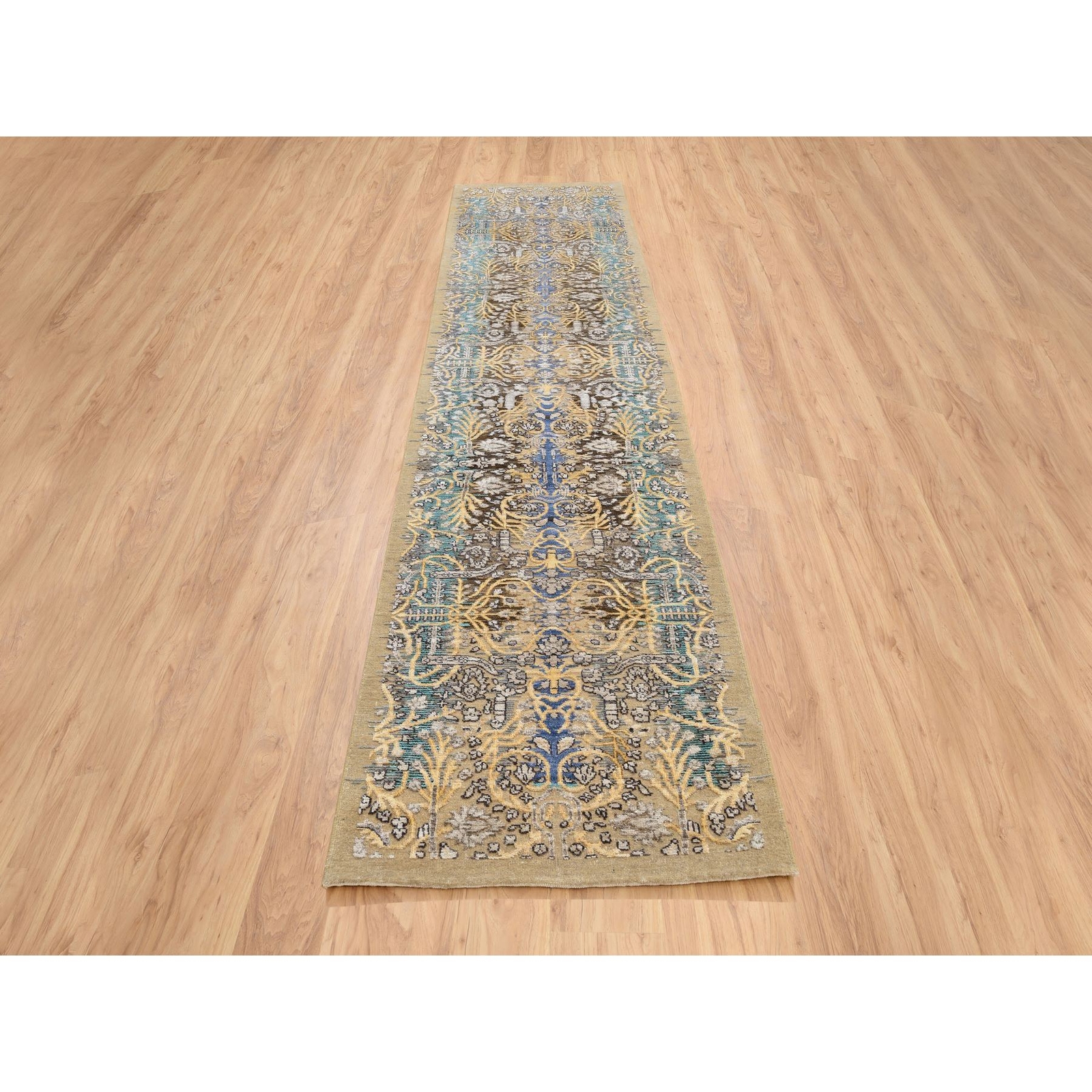 2’6″x12’1″ Gold Brown Saroogh Silk With Wool Hand Knotted Runner Rug R64447