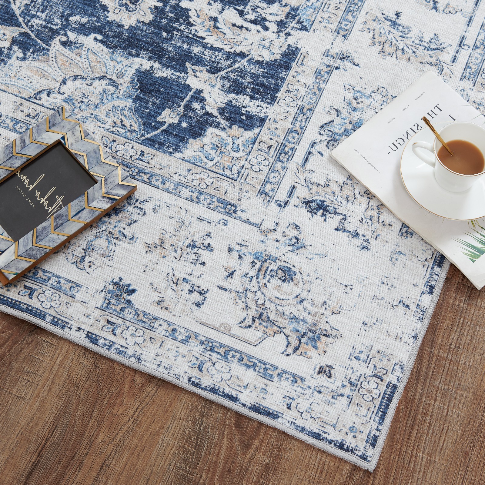 9 x 12 Area Rug Floral Vintage Washable Non-Slip Living Room Bed Room Blue