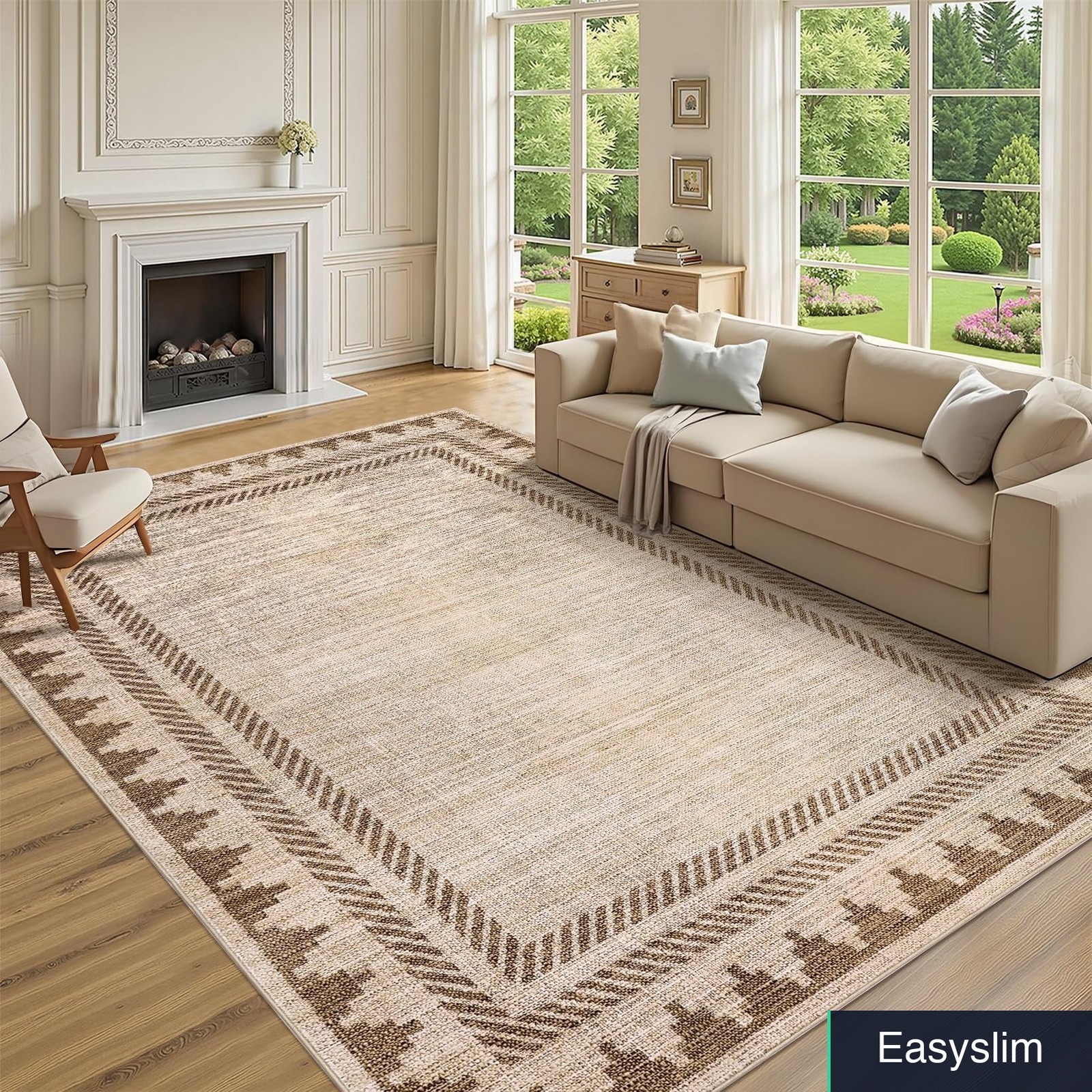 Area Rug 9×12 Taupe Modern Bordered Washable Non-Slip Stain Resistant