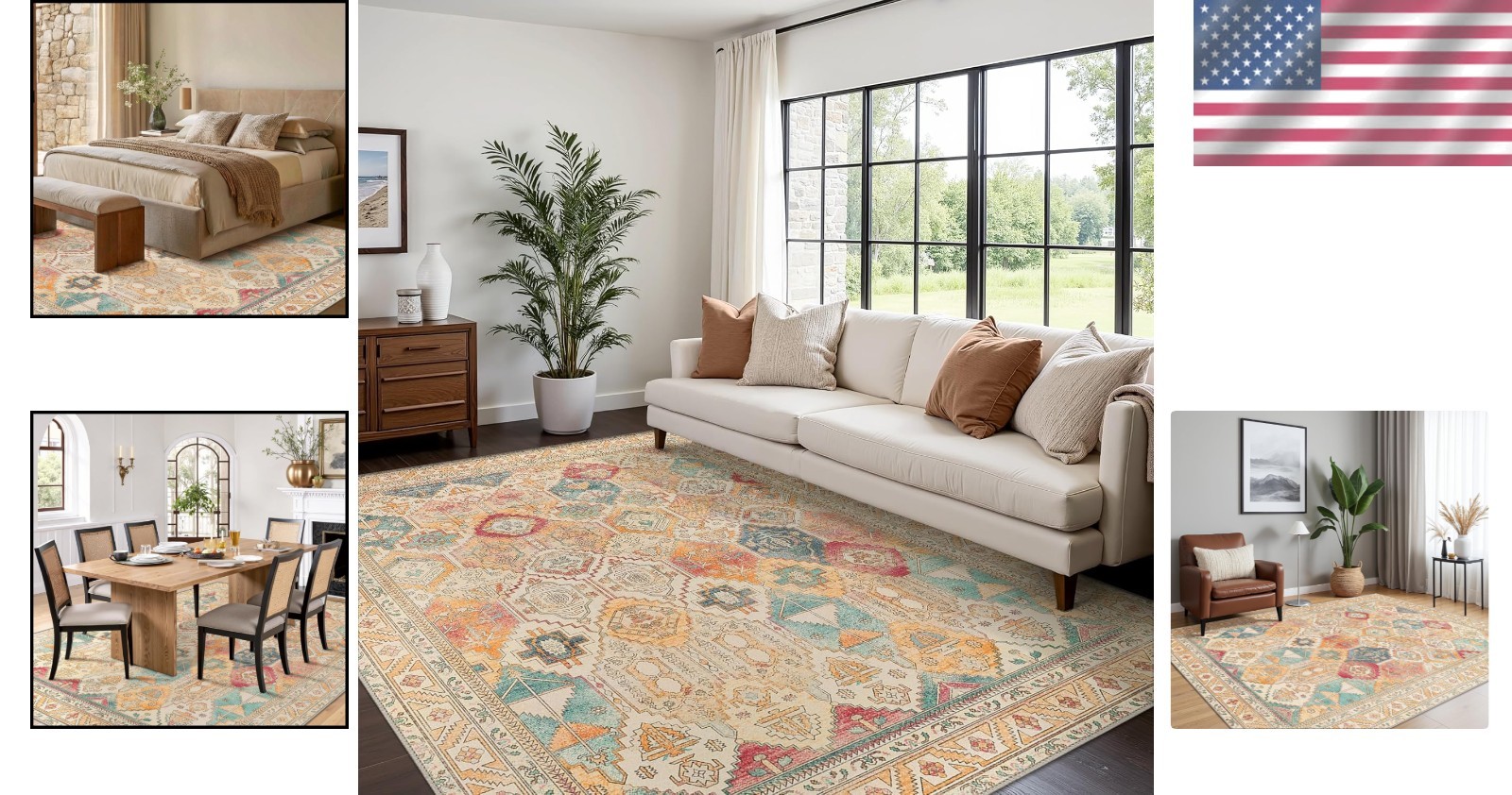 Chenille Low Pile Washable Rug 8×10 – Stylish Non-Slip Carpet for Living Room