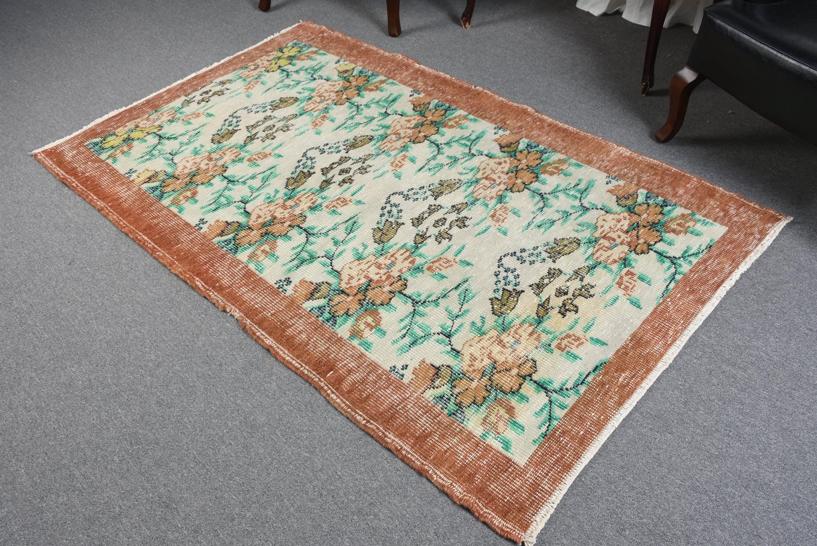 Vintage Rug, Area 4,1×6,6 ft Turkish Rug, Brown Green Animal Print Wool Rug
