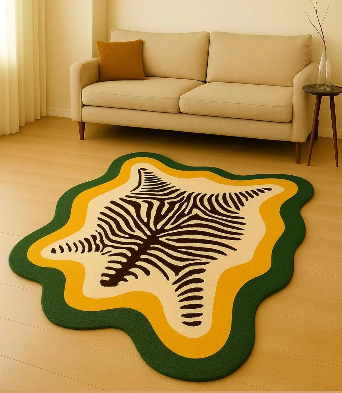 Hand Tufted Wool Rug Abstract Green, Yellow & Brown Area Carpet animal shape