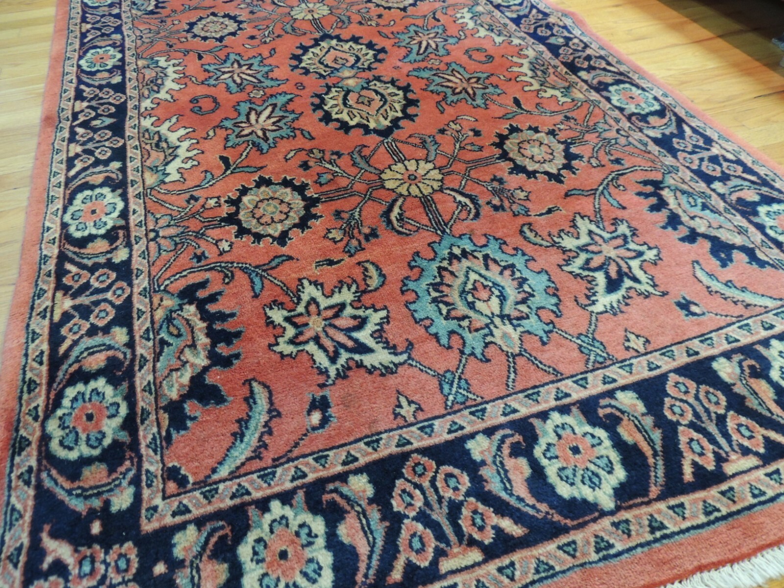 5×7 4×7 Mahal Oriental wool Red Coral Blue Navy Hand Knotted Semi Antique