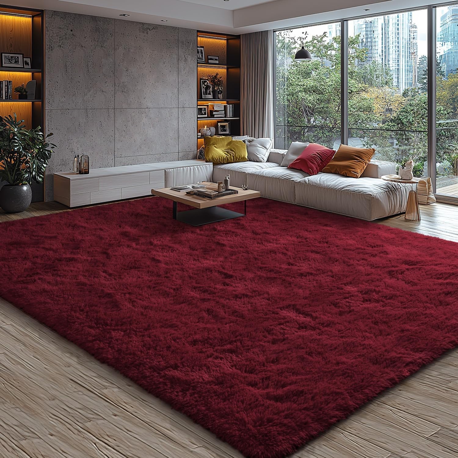 Fluffy Area Rugs Burgundy Soft Plush Shaggy Carpet for Living Room Bedroom Floor