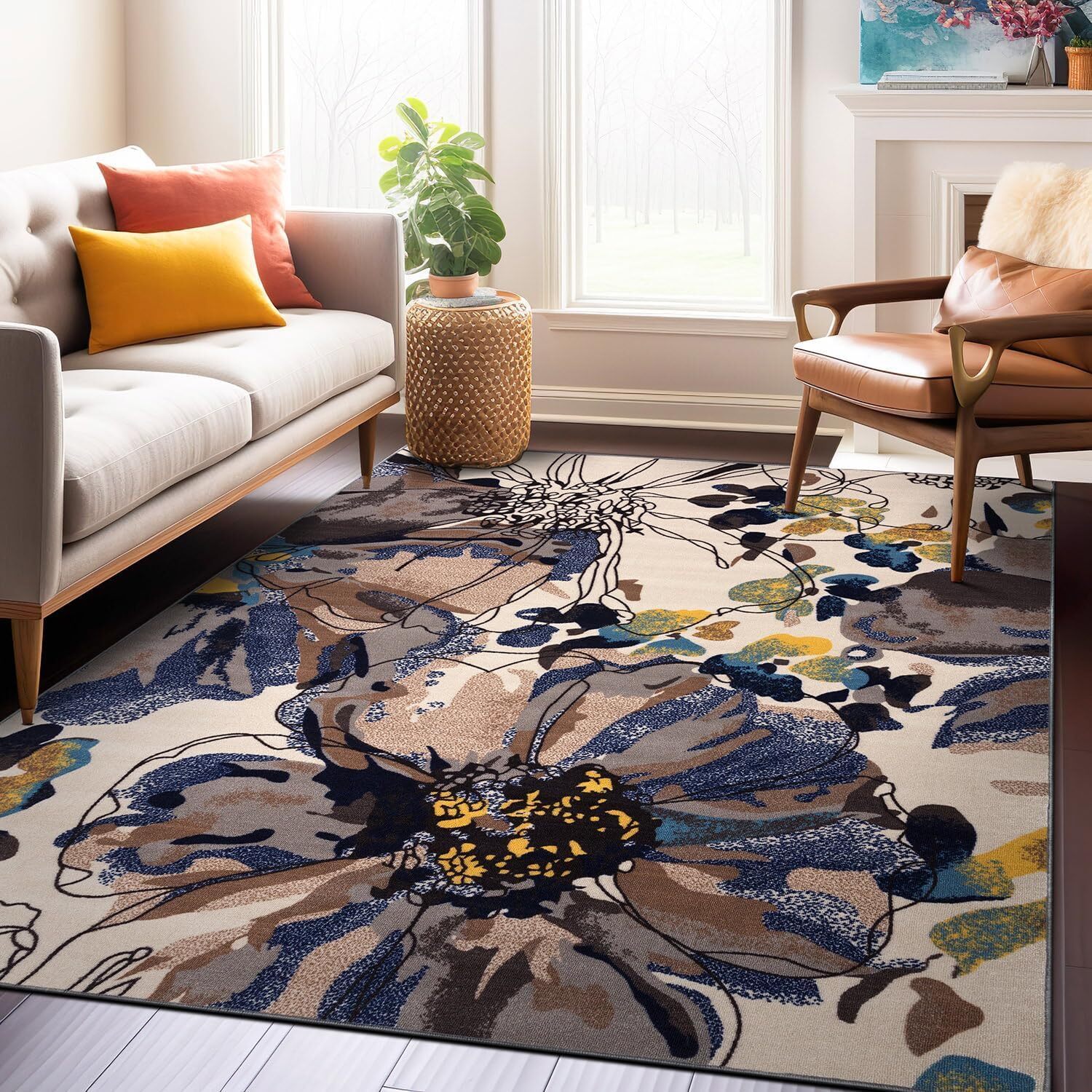 Modern Bright Flowers Non-Slip (Non-Skid) Area Rug 5 X 7 (5′ 3″ X 7′ 3″) Cream