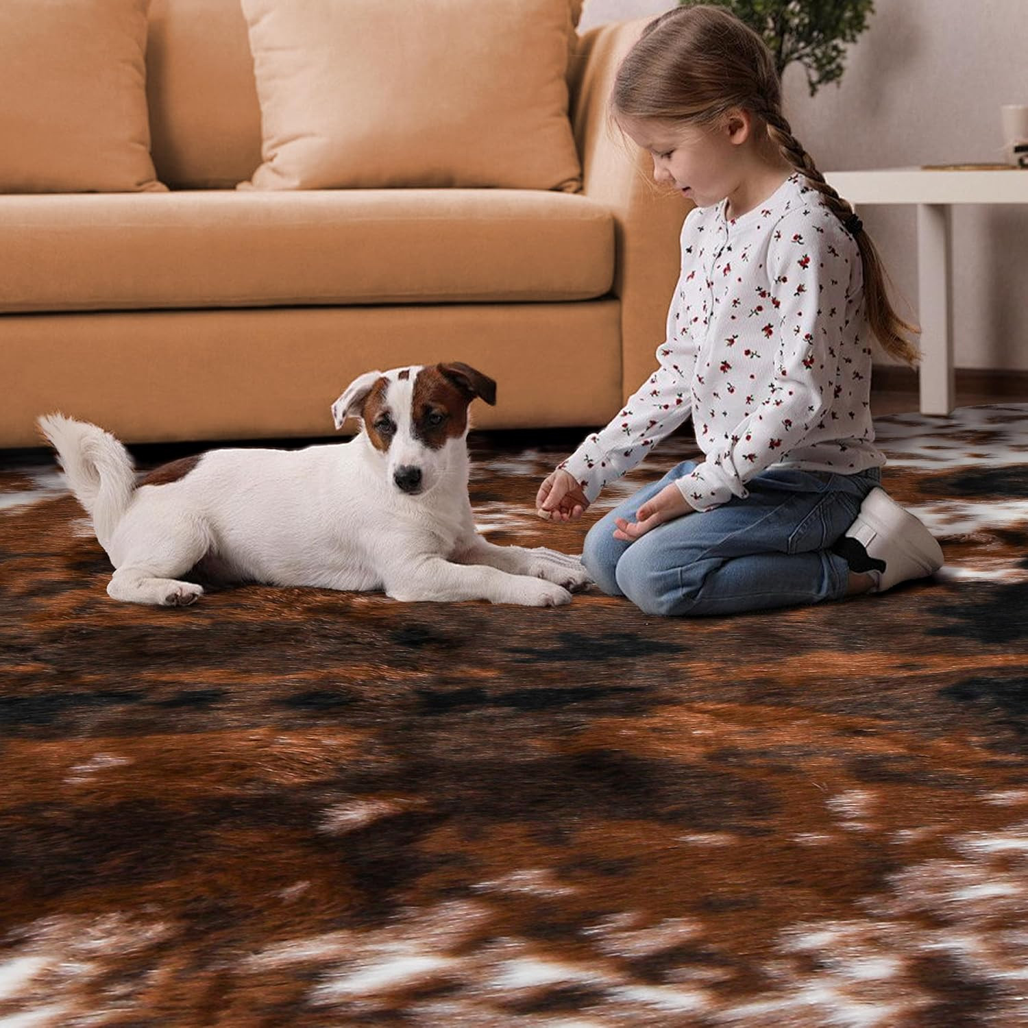 Cow Print Faux Cowhide Rug, Fluffy Fur 5.2X7 Feet Washable Cow Rugs for Living R