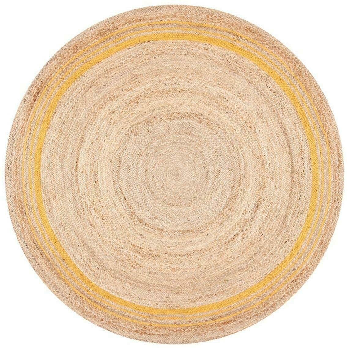 Round Rug Natural Jute Farmhouse Area Rug Hand Woven Rustic Look, Beige + Yellow