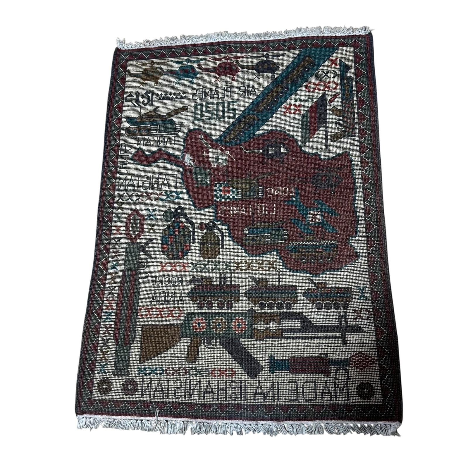 Afghan War Rug Woven Area Carpet 2020 Airplanes Tanks Map Made in Afghanistan