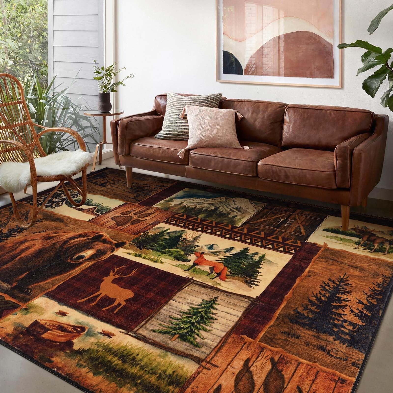 ASPMIZ Farmhouse Area Rug 5×7, Buffalo Plaid Lodge Bear Moose Deer Living Roo…