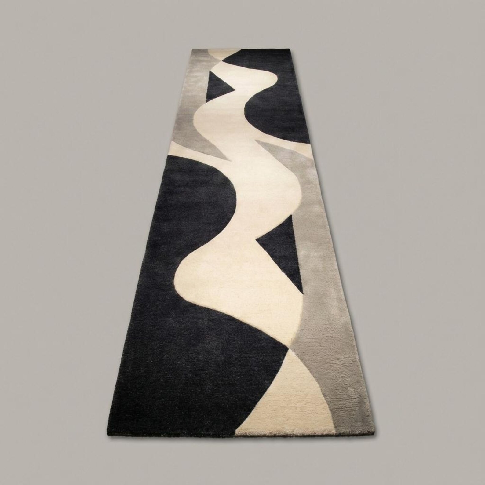 hand tufted Mid Century Abstract Runner Rug,Modern Black Ivory Hallway Carpet,