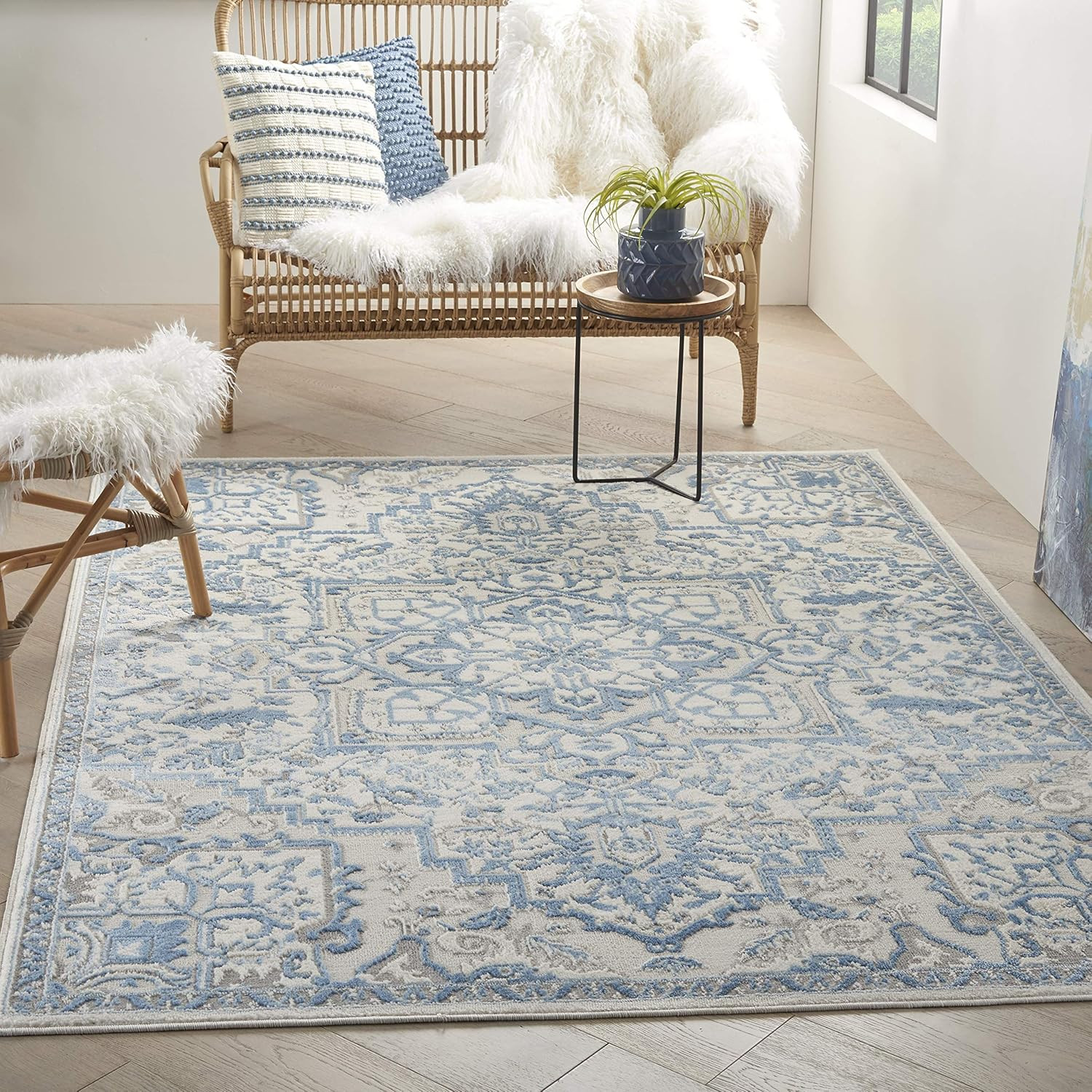Home Elation Floral Ivory Blue 9′ X 12′ Area Rug Easy Clean Non Shedding Bed