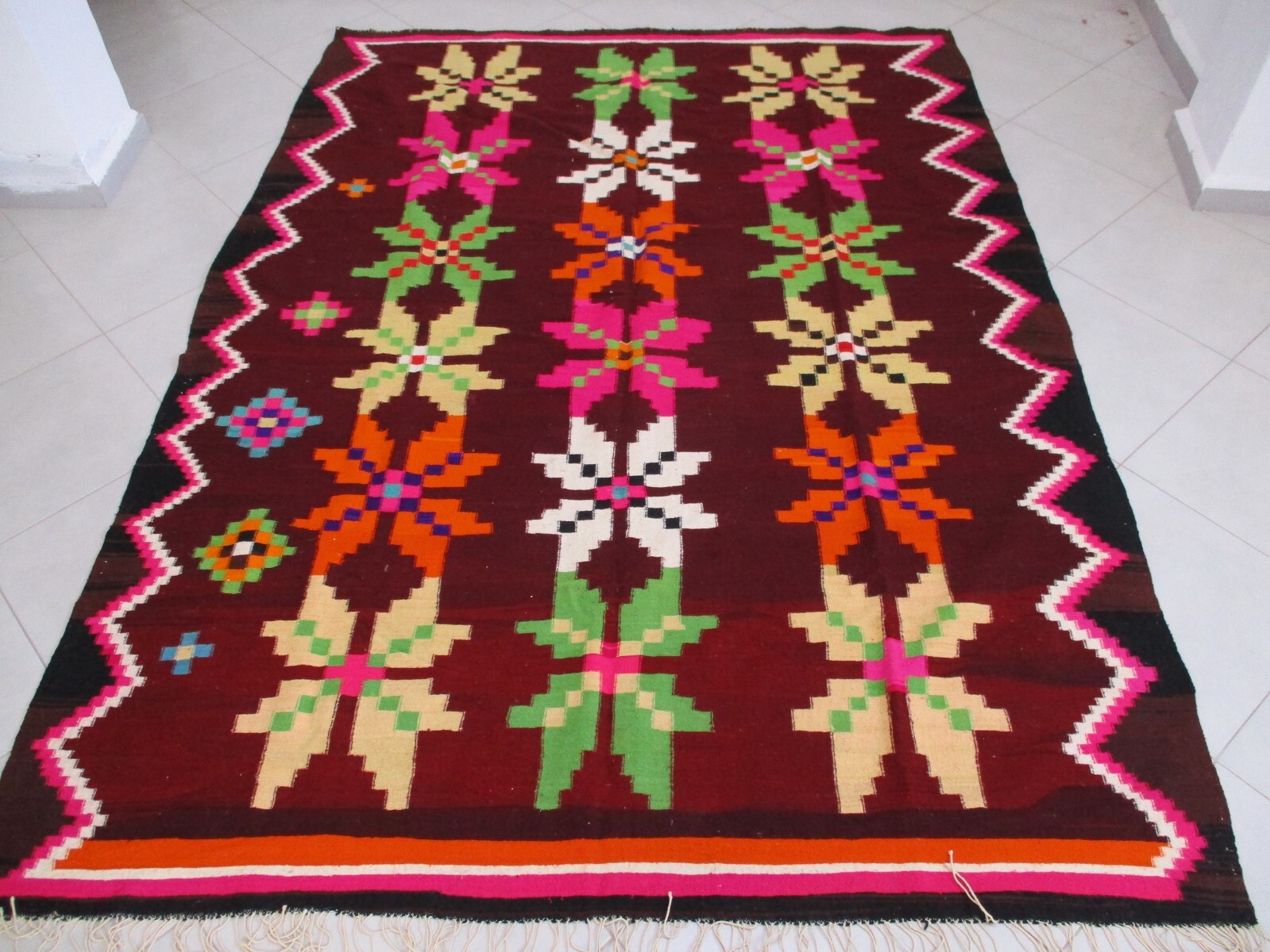 Vibrant Moroccan Handmade Rug Pink Yellow Green Stars Fringe Berber Carpet 9×6