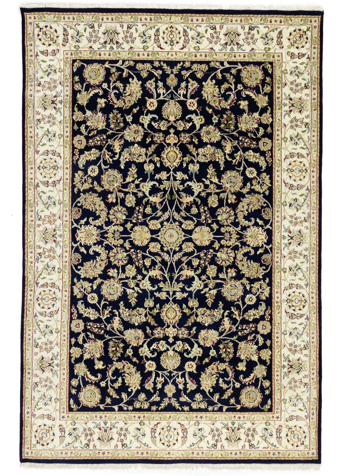 Dark Navy Floral Design Hand-Knotted 6×9 Indo-Nain Oriental Rug Bedroom Carpet