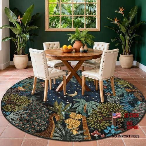 Round Area Rugs 6ft for Bedroom, Green Jungle Washable Circle Rug Soft Non