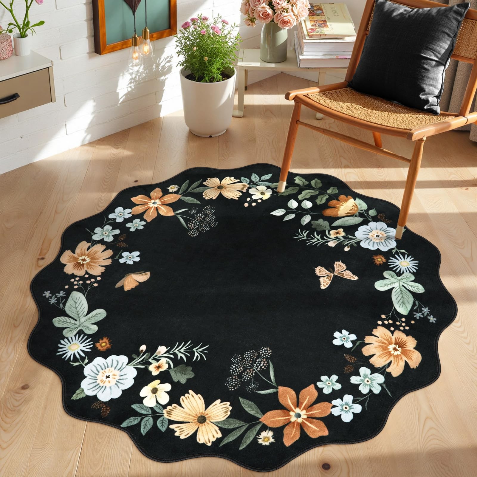 Floral Round Area Rugs, Washable Small Round Rug 3ft Non-Slip, Soft Boho Ultr…