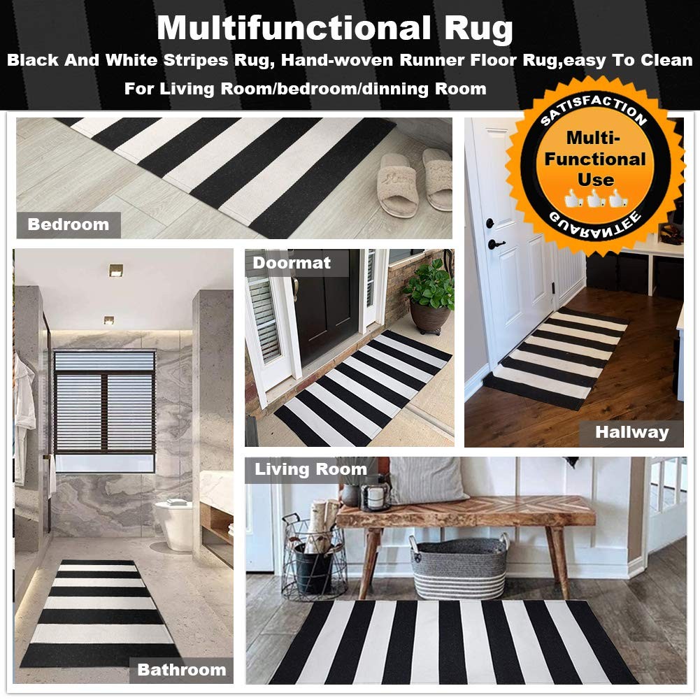 Black and White Striped Rug (23.6 x 51.2 Inches), Striped Layering Mats, Hand…