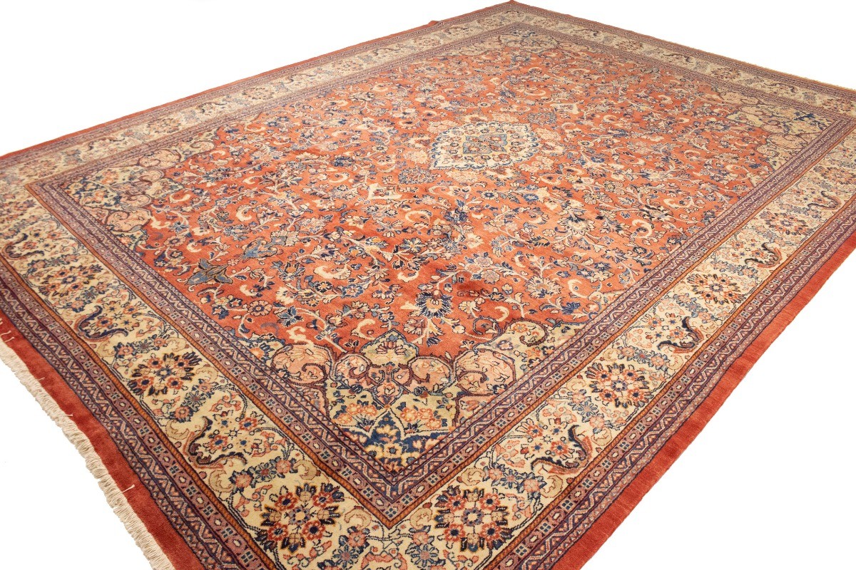 One-of-a-Kind Vintage Orange-Red Oriental Rug Oversized Floral Carpet 11X15 ft