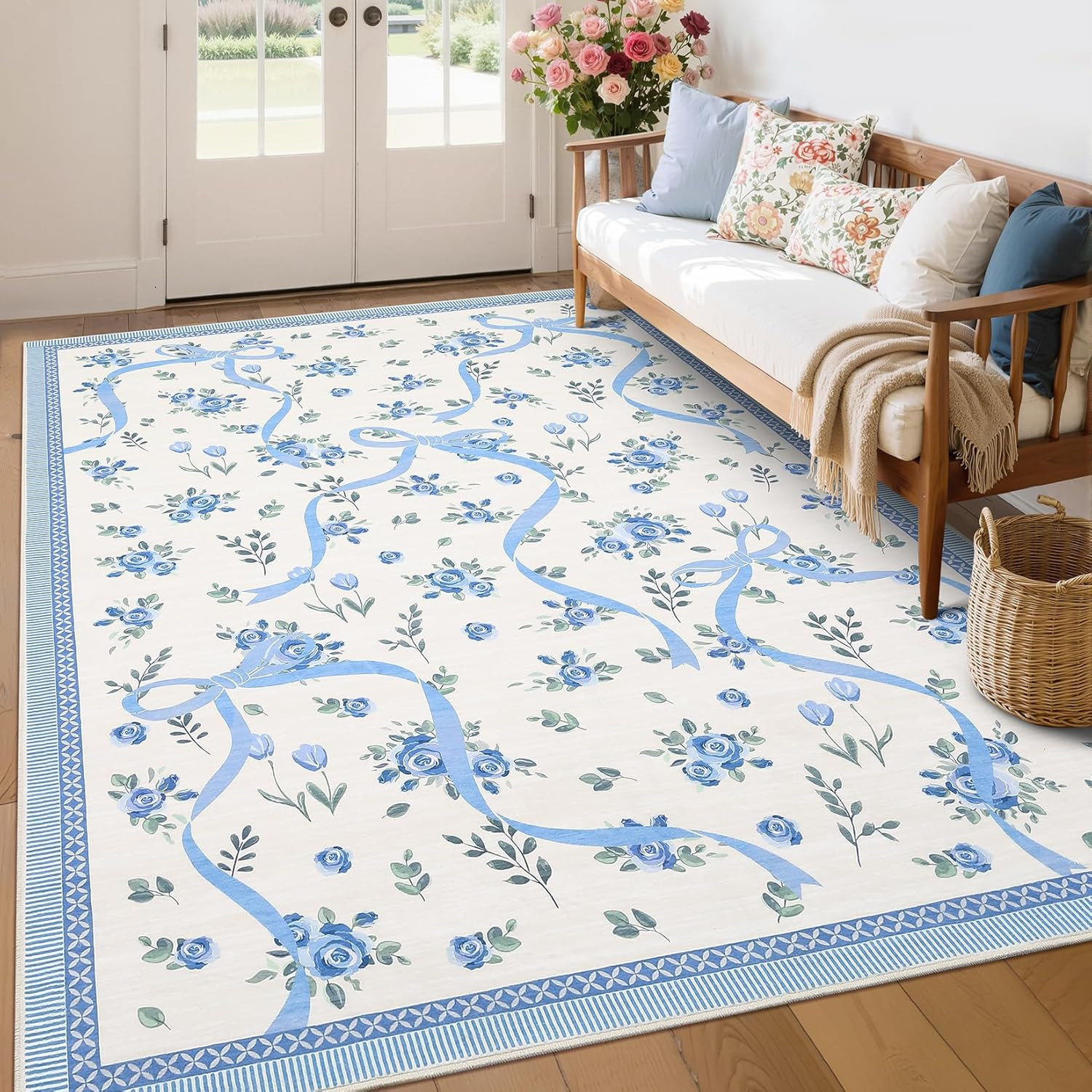 Floral Bow Rugs for Bedroom Girls, 5X7 Area Rugs for Living Room with Soft Low P
